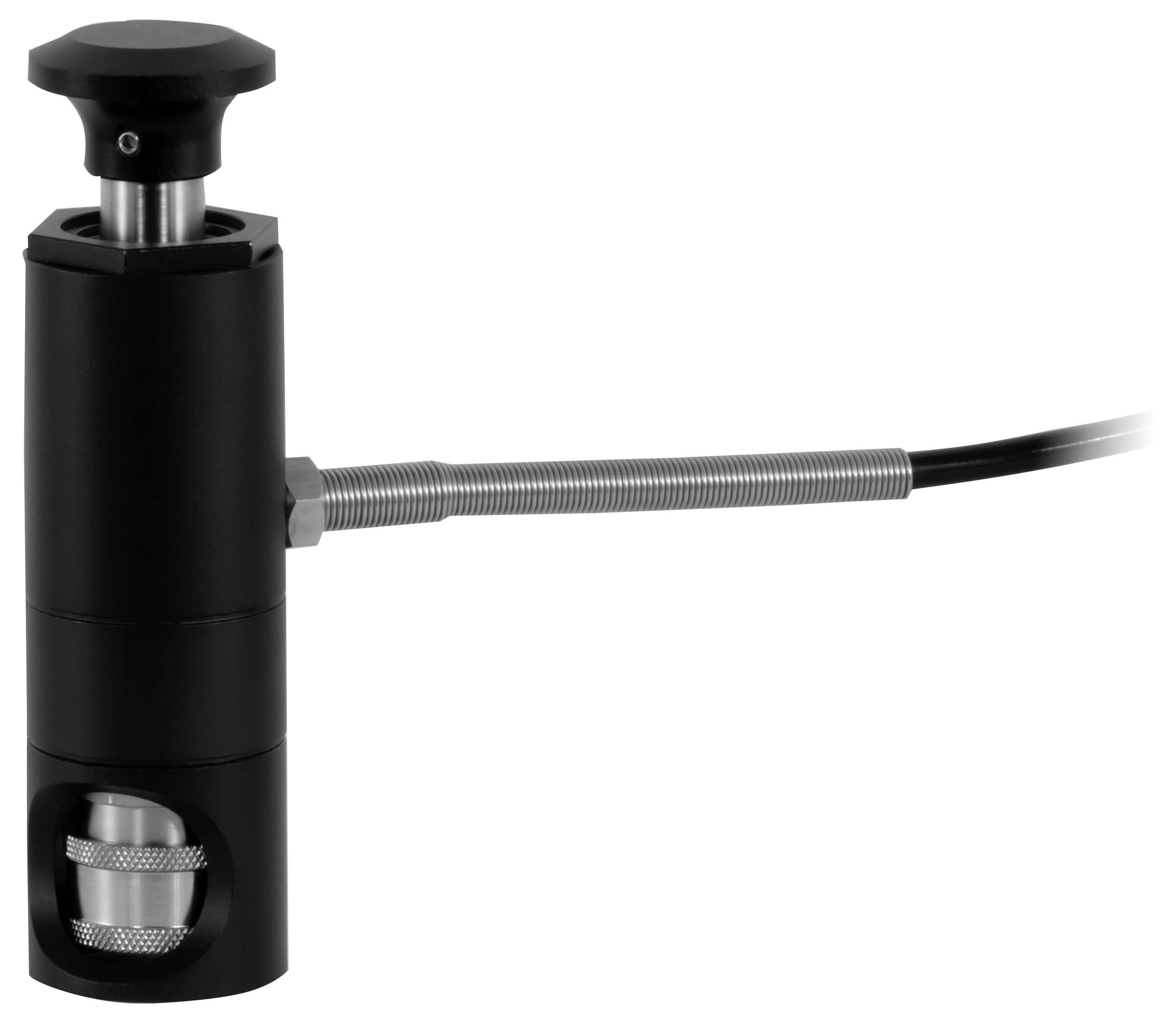 Schwarzer zylindrischer Sensor oder Schalter mit einem Kabel, das sich nach rechts erstreckt, auf weißem Hintergrund dargestellt.