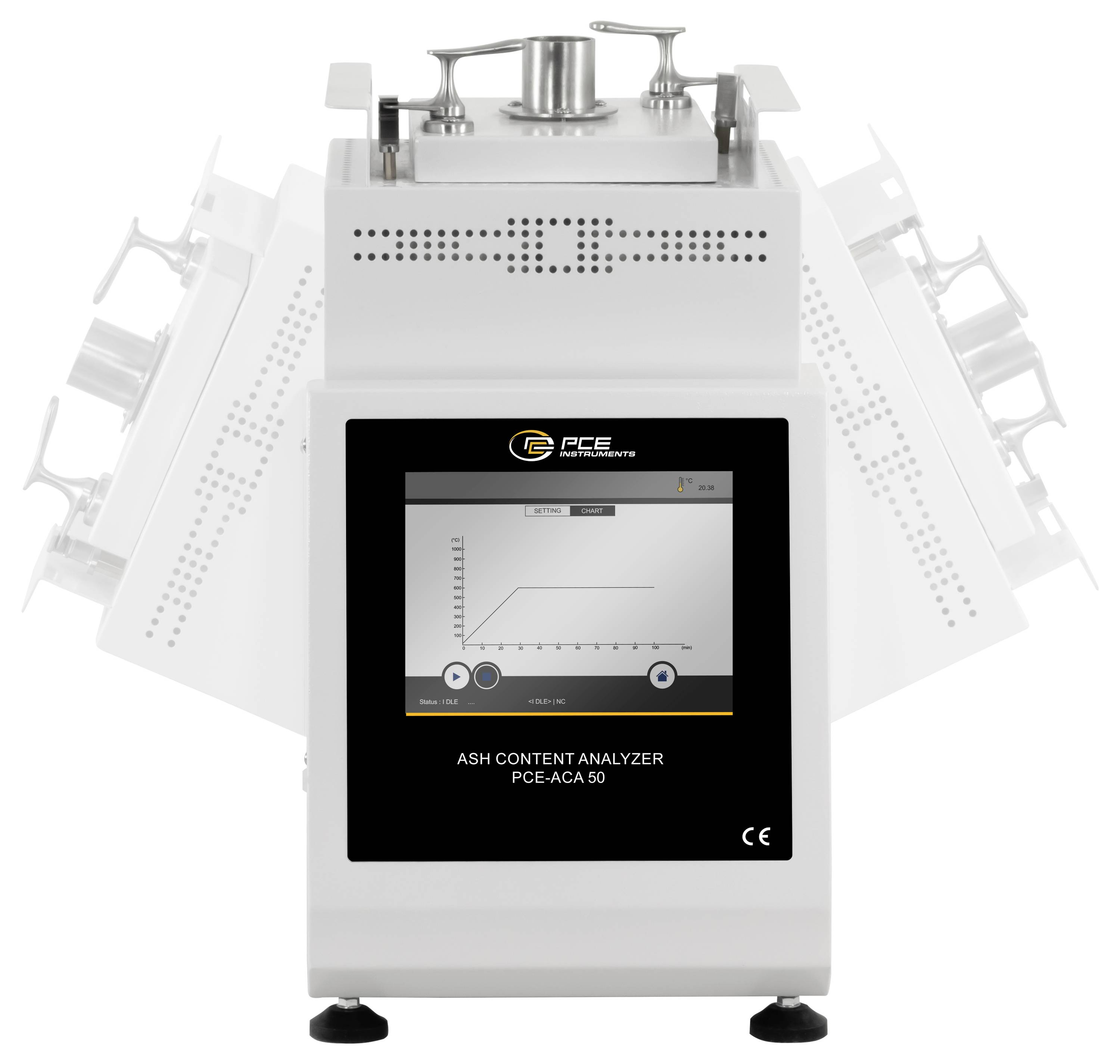 Vorderansicht eines PCE-Aschegehalts-Analysegeräts mit Touchscreen-Display und Metallmusterkammer oben.