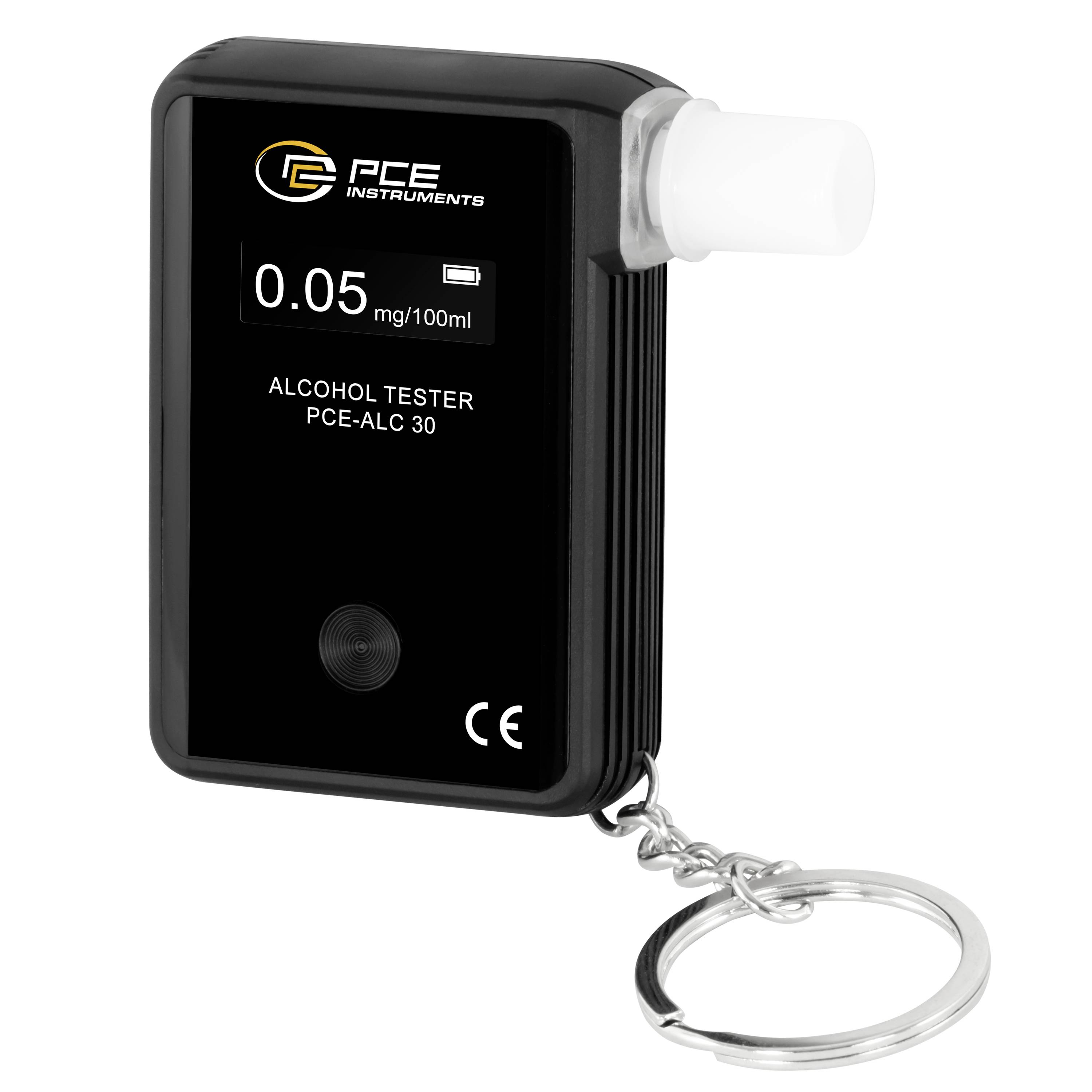 PCE Instruments Alkoholtester zeigt 0,05 mg/100ml auf seinem Display an, mit einem Mundstück und einer Schlüsselanhänger-Befestigung.