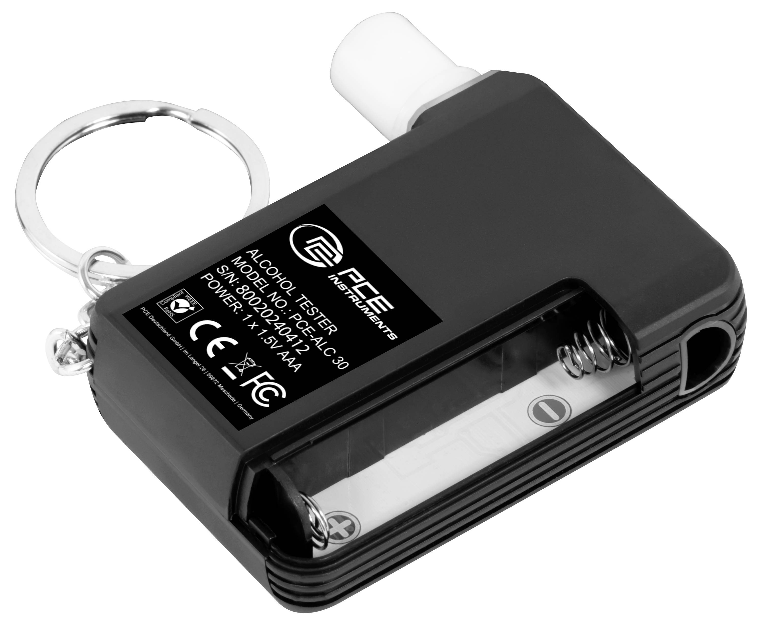 Schwarzer PCE Alkoholtester Atemalkoholtester Schlüsselanhänger mit sichtbarem Mundstück und Batteriefach.