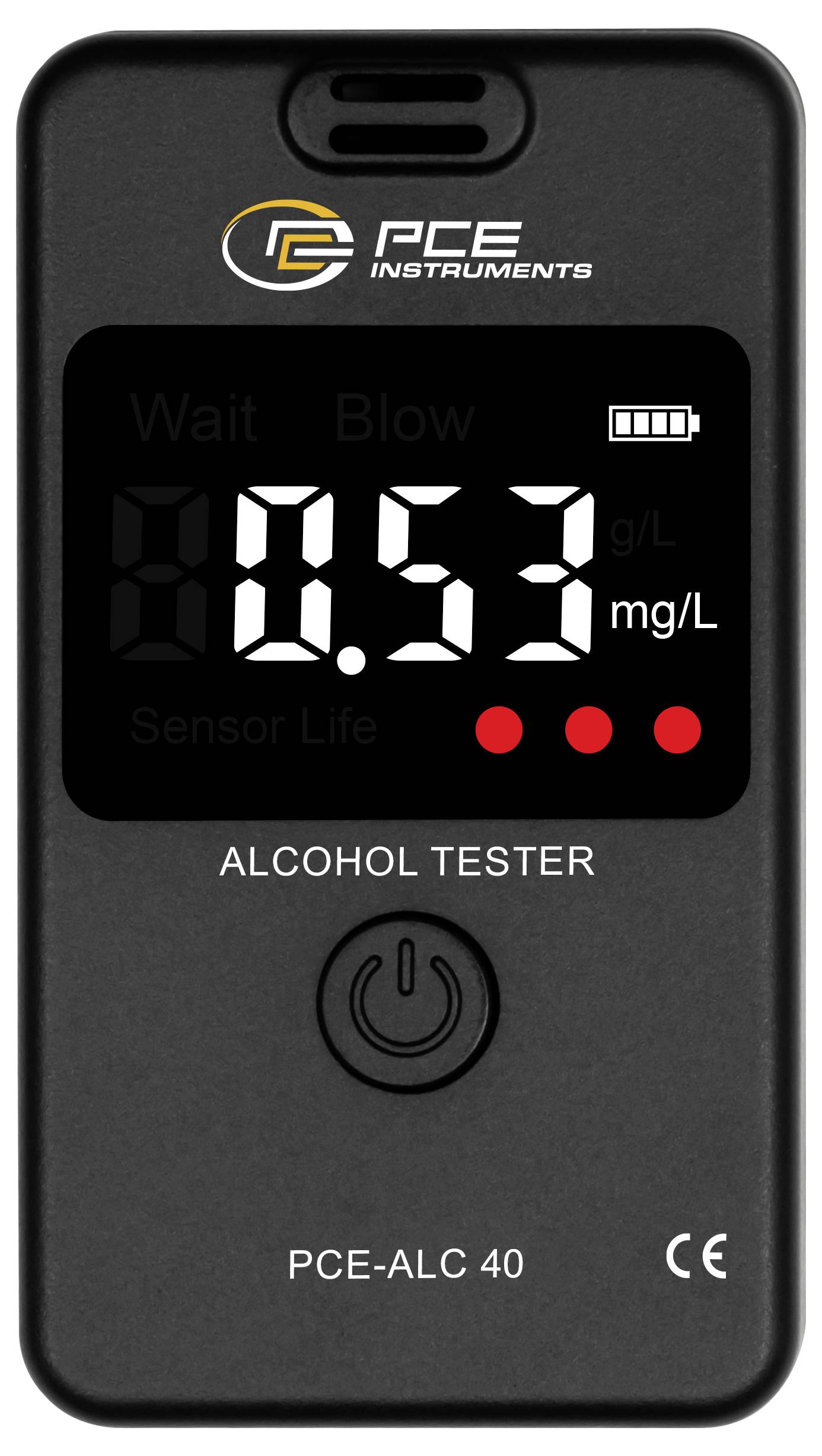Tragbares Alkoholtestgerät mit digitaler Anzeige von 0,53 mg/L auf dem Bildschirm, mit den Aufschriften 