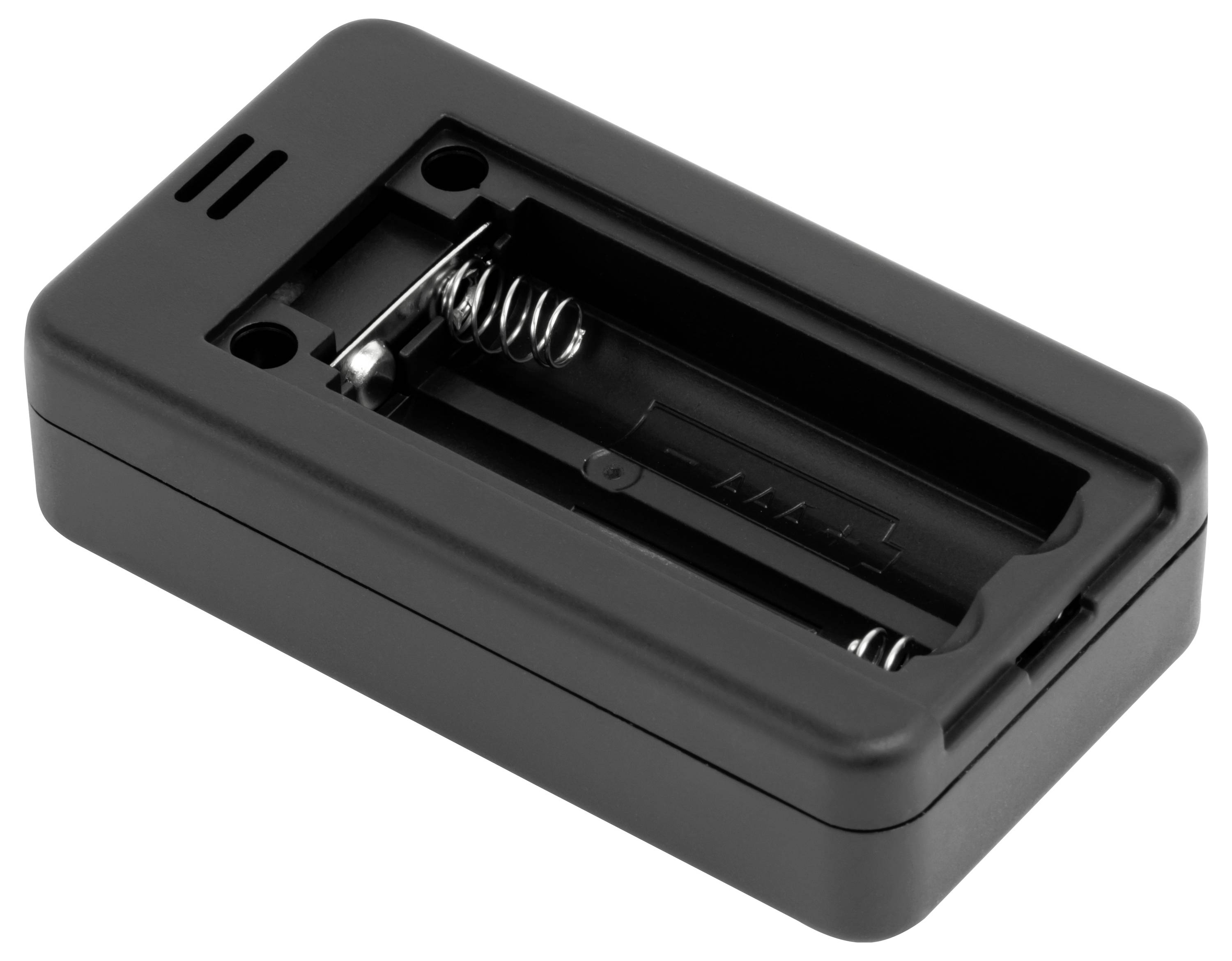 Schwarzer Kunststoff-Batteriehalter mit einem offenen Fach, Federkontakten und Steckplätzen für zwei Batterien.