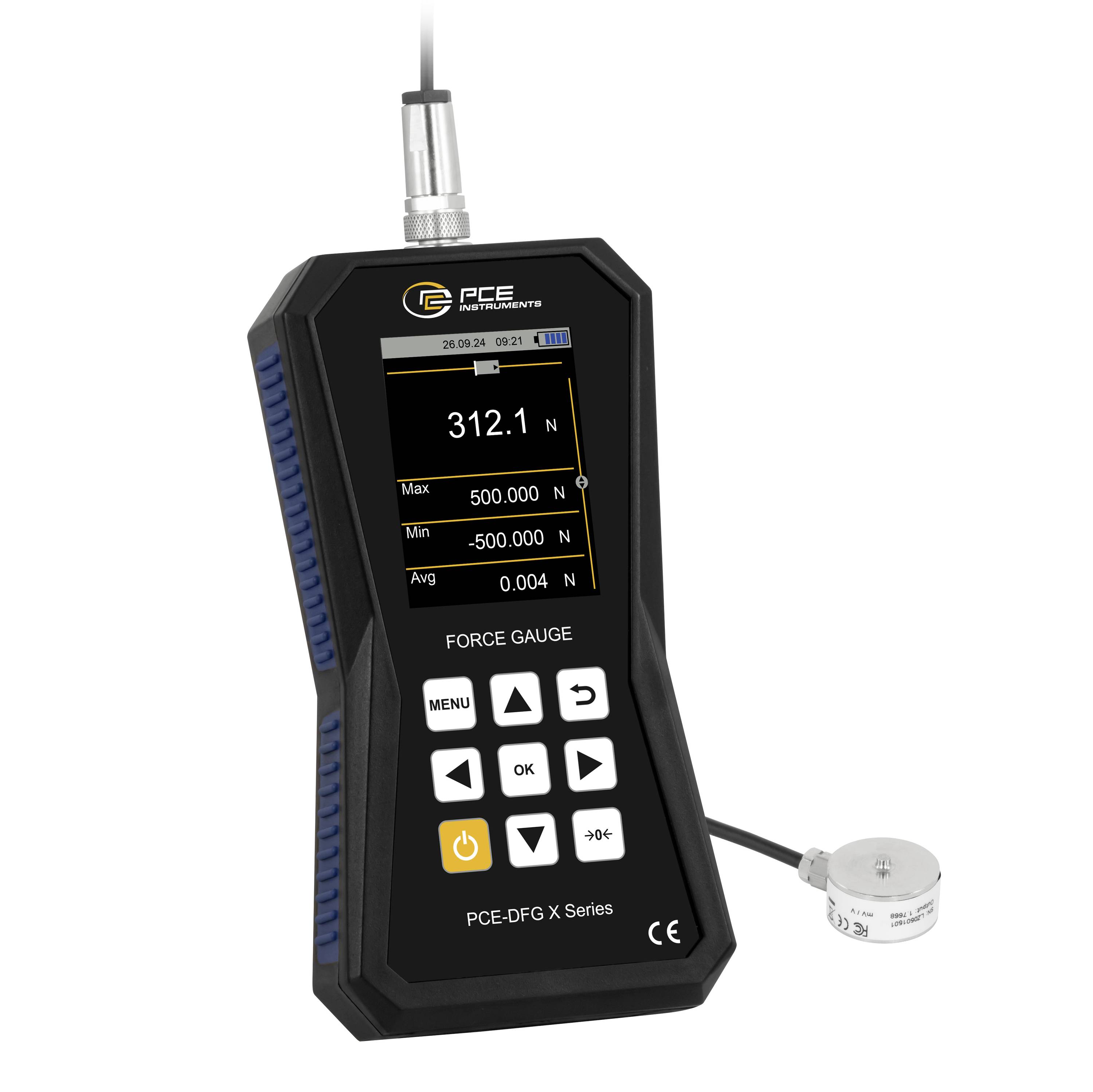 Handheld-Kraftmessgerät PCE mit Anzeige von 312,1 N, mit angeschlossenem Sensor auf der rechten Seite und Kabel, das oben angeschlossen ist.
