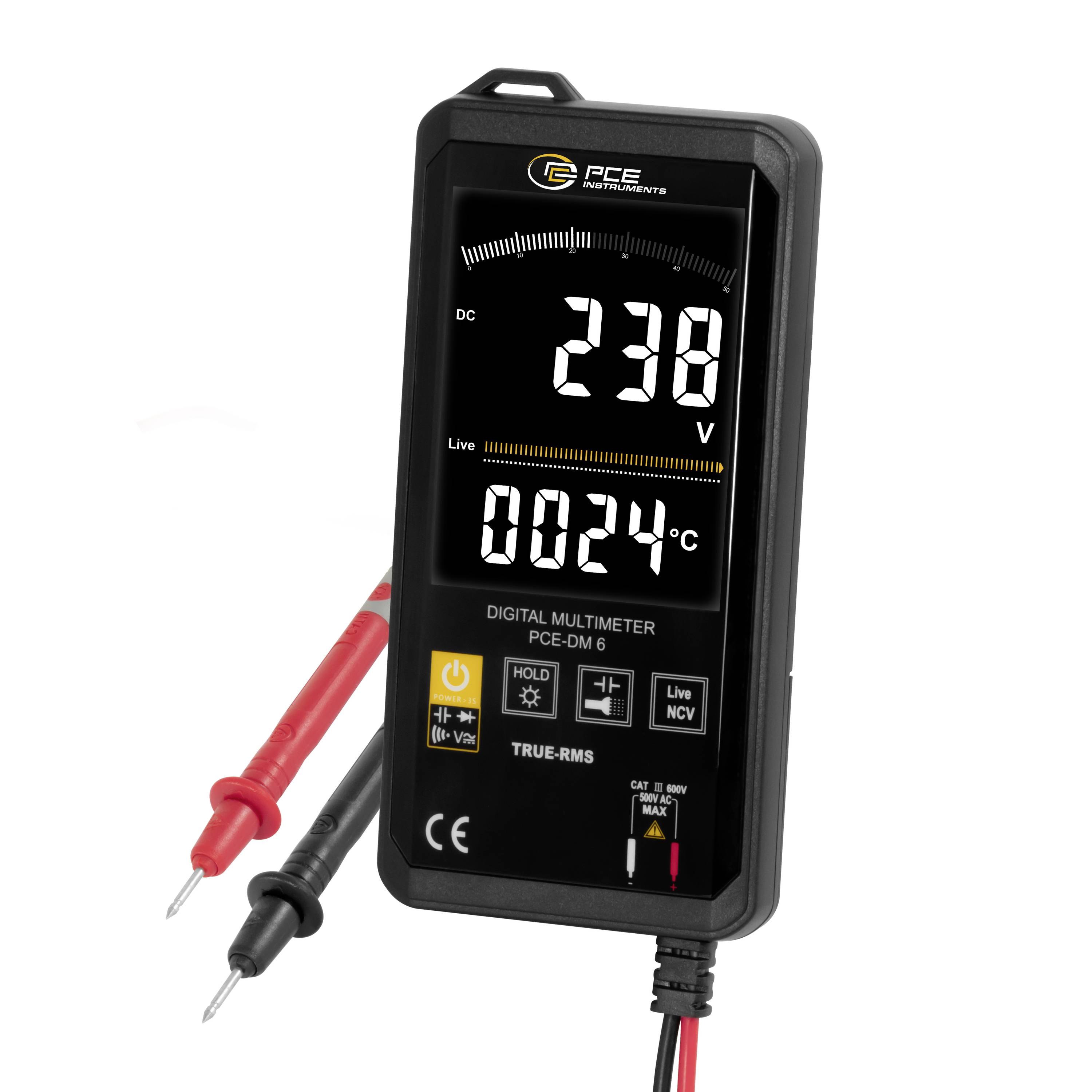 Digitales Multimeter zeigt 238 V Gleichspannung und 24°C an, mit roten und schwarzen Messleitungen angeschlossen.
