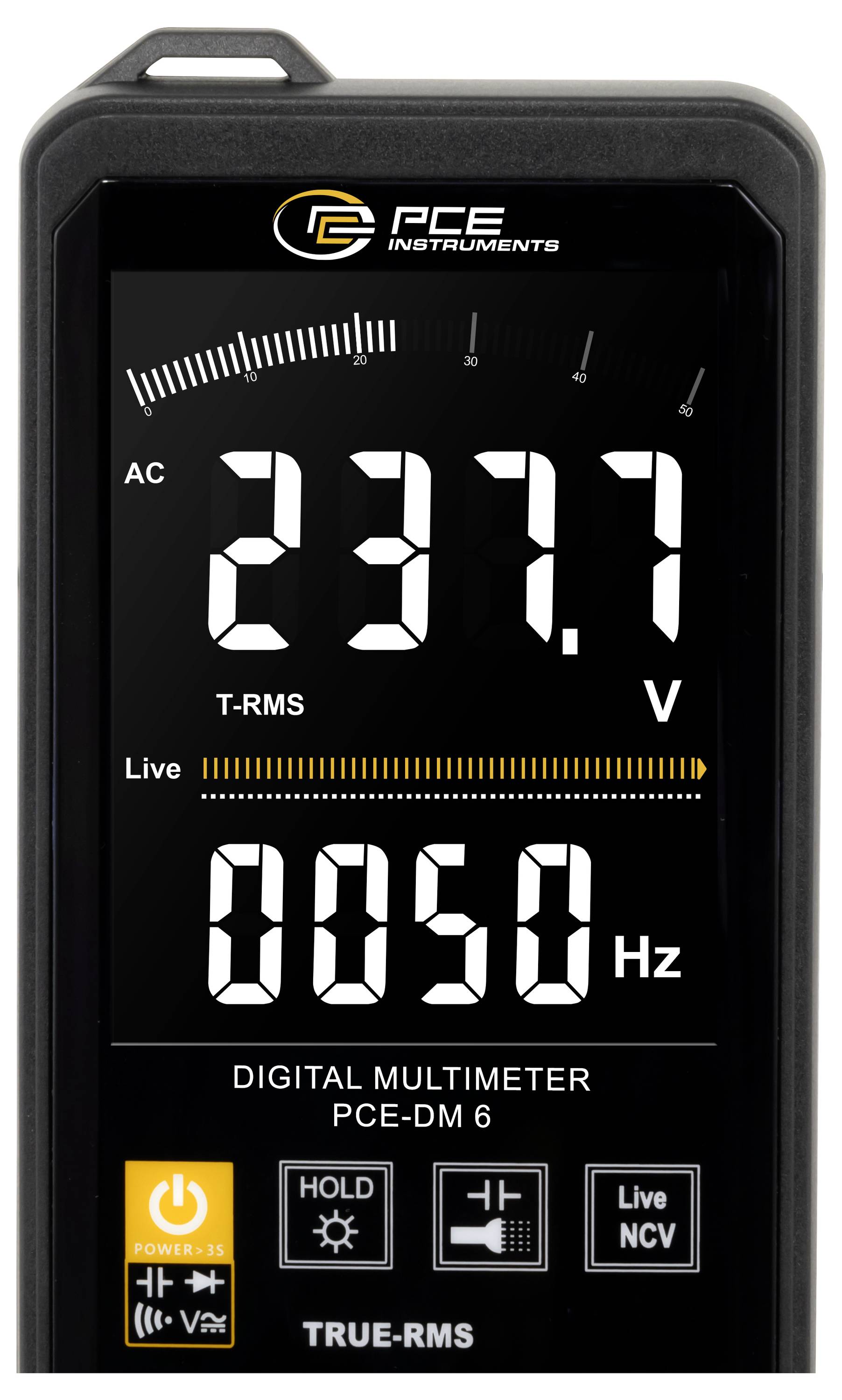 Digitales Multimeter-Display zeigt 237,7 V AC, 50 Hz mit Live-Anzeige an, beschriftet mit PCE-DM 6 und TRUE-RMS.