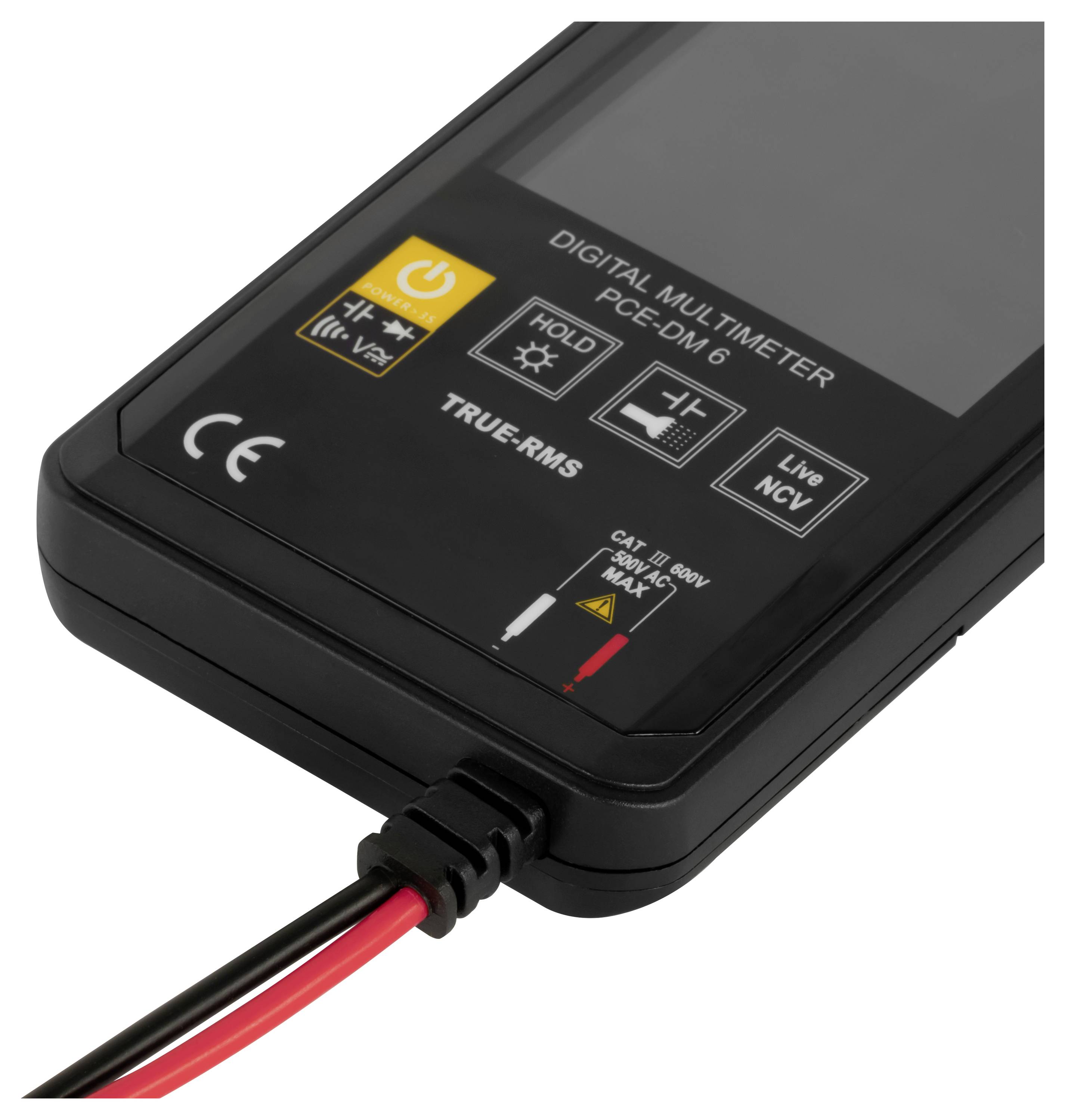 Nahaufnahme eines digitalen Multimeters, Modell PCE-DM 6, das seine Frontplatte mit Ein-/Ausschalter, Hold- und Live-NCV-Tasten sowie angeschlossenen roten und schwarzen Messleitungen zeigt.