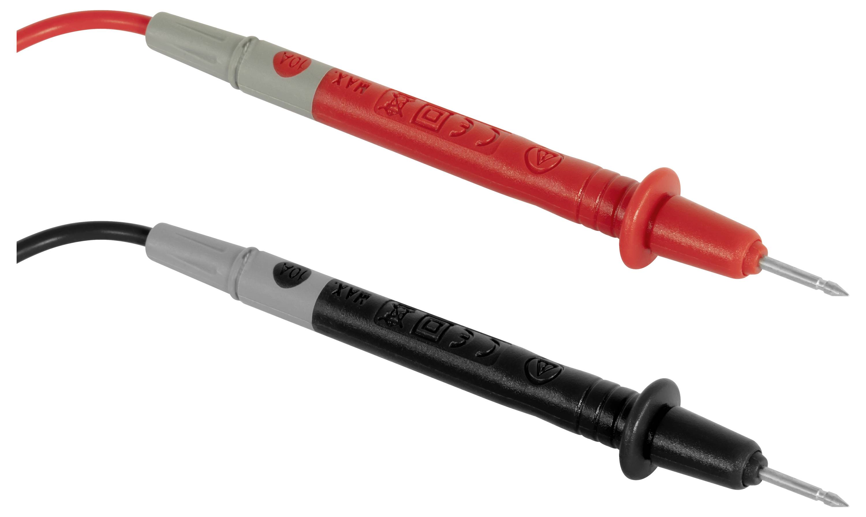 Zwei Multimeter-Messspitzen, eine rote und eine schwarze, mit isolierten Leitern und spitzen Metallspitzen auf weißem Hintergrund.