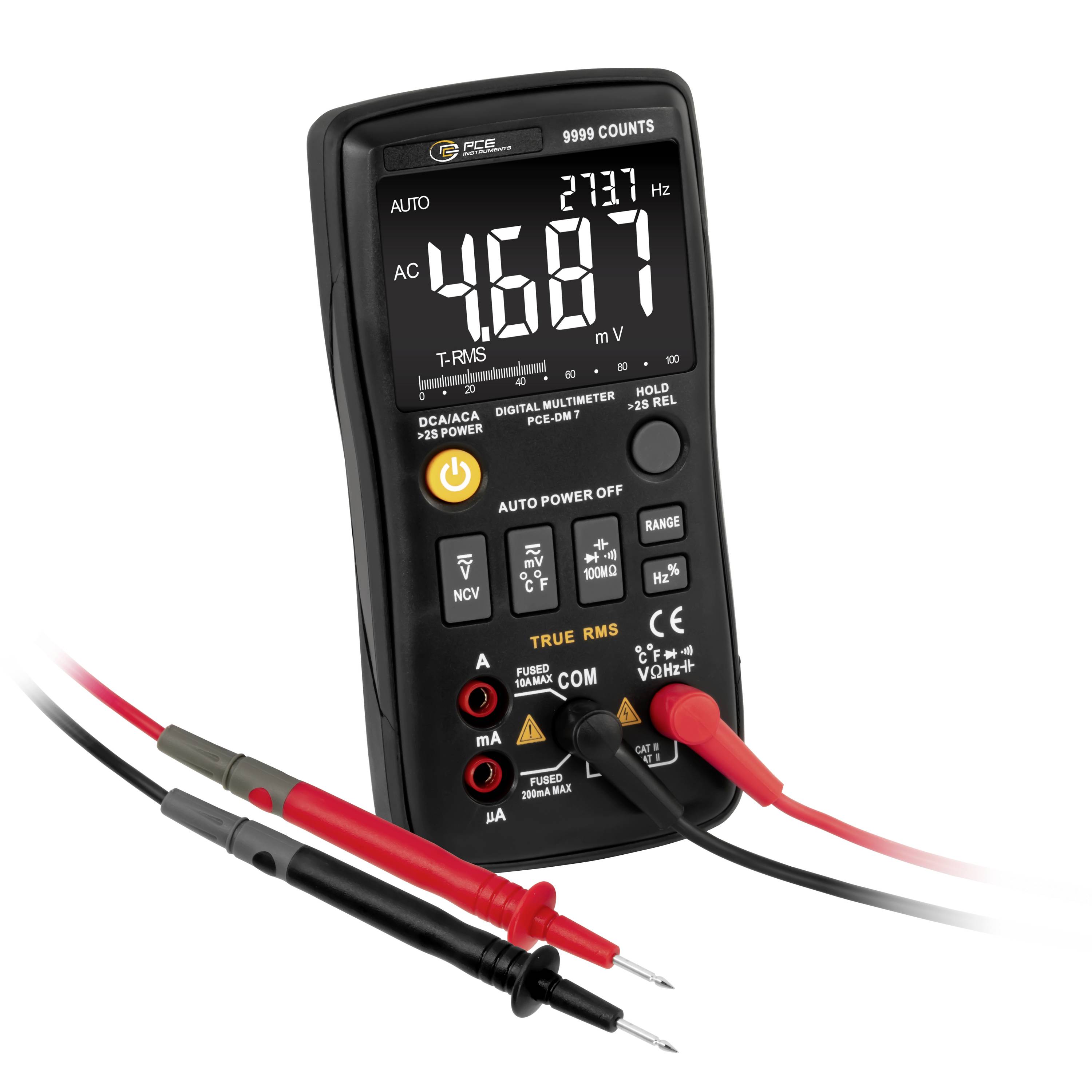 Digitales Multimeter zeigt 46,87 mV AC an, mit roten und schwarzen Messspitzen angeschlossen.