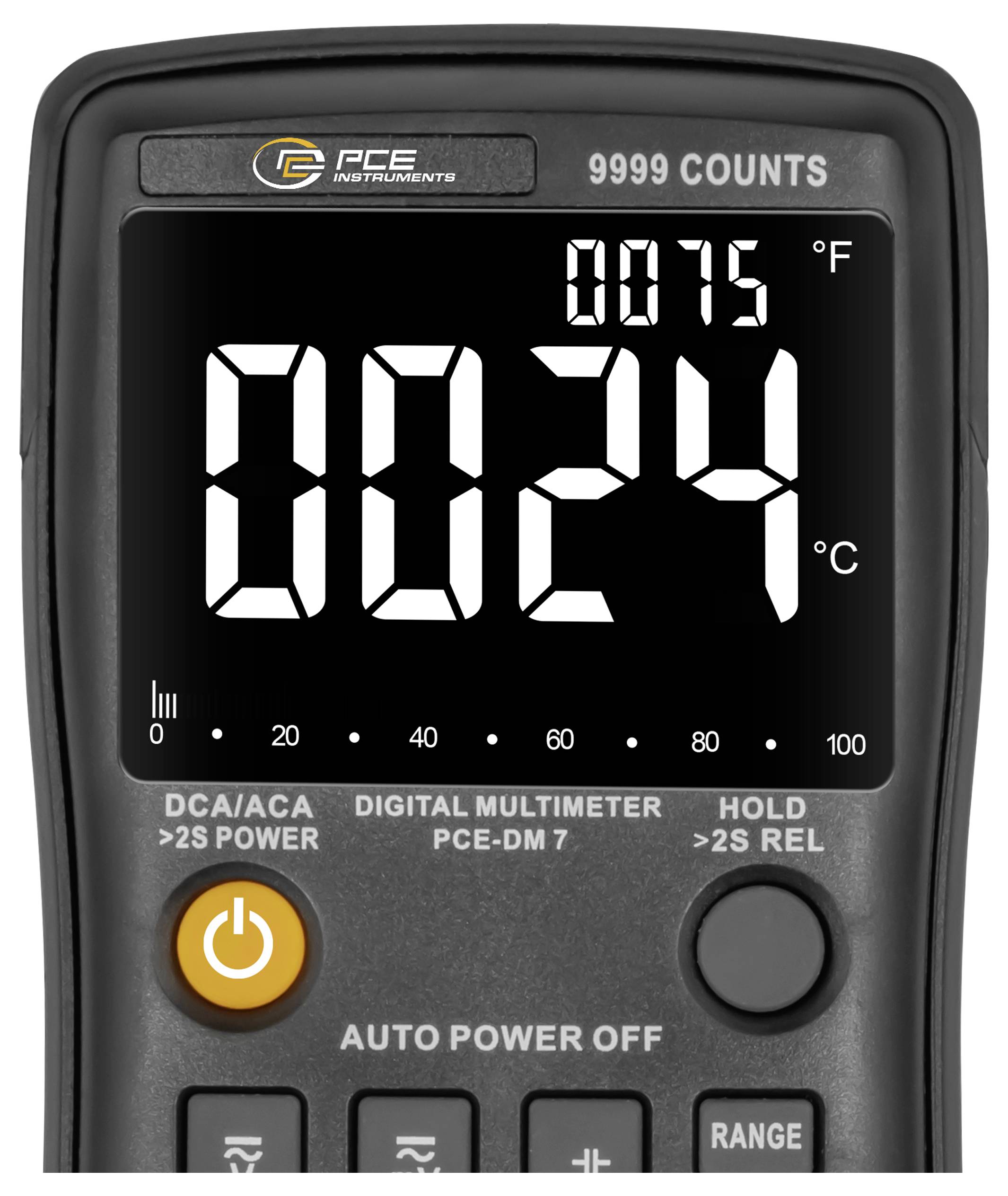 Digitales Multimeter-Display zeigt 24°C und 75°F auf einem PCE Instruments Messgerät an.