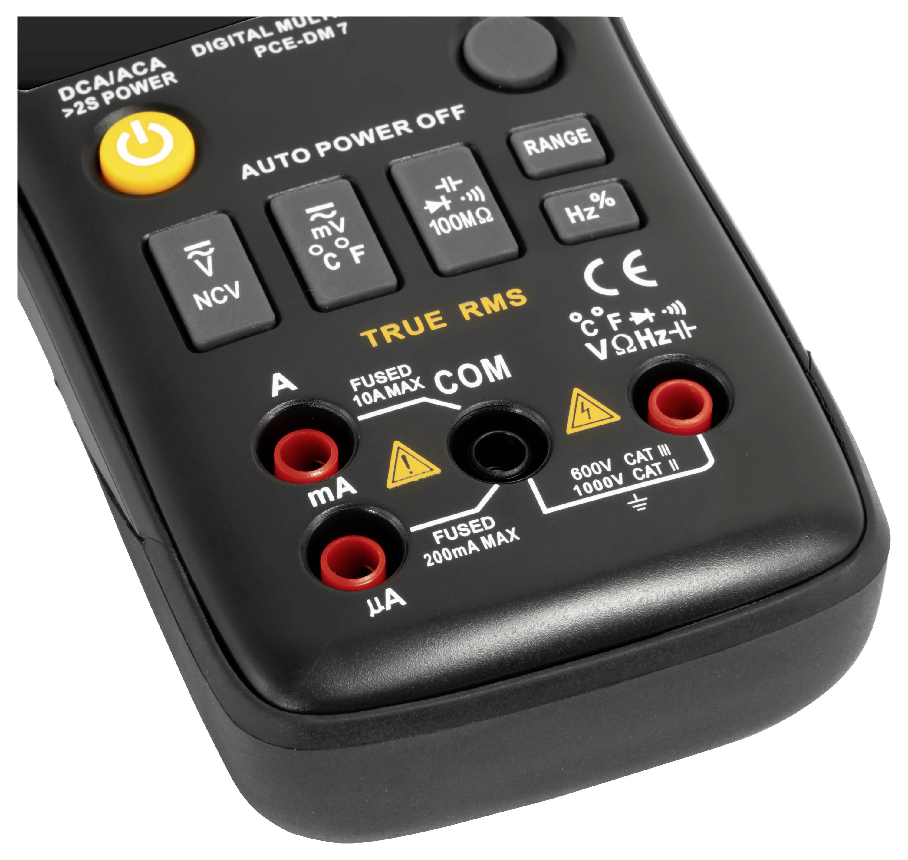 Nahaufnahme eines digitalen Multimeters mit displayloser Frontplatte, orangefarbener Ein-/Ausschalter, Funktionstasten und Eingangsbuchsen mit den Bezeichnungen A, COM, mA und µA.