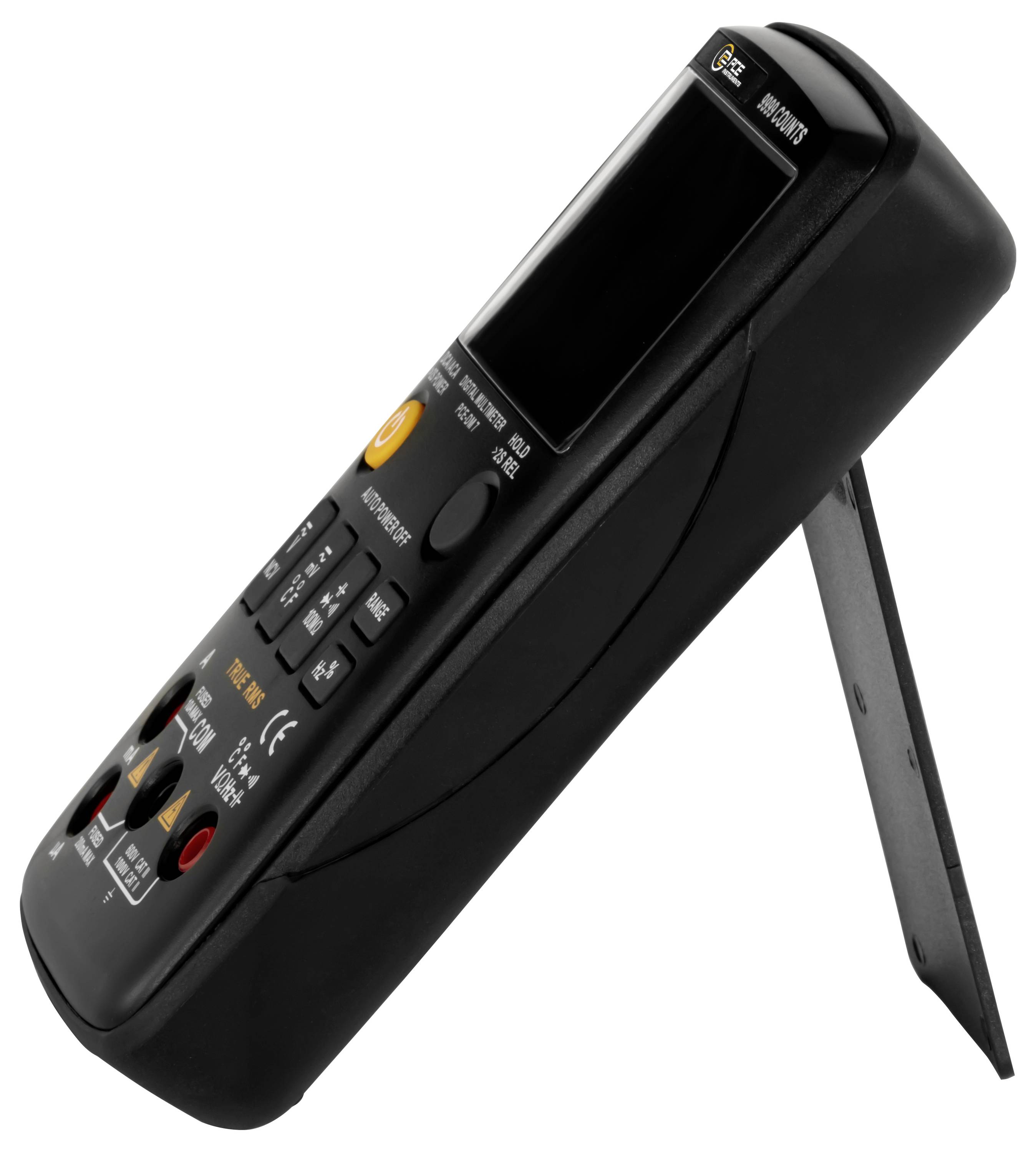 Tragbarer schwarzer elektronischer Controller mit kleinem Bildschirm, Tasten und ausklappbarem Ständer auf weißem Hintergrund.