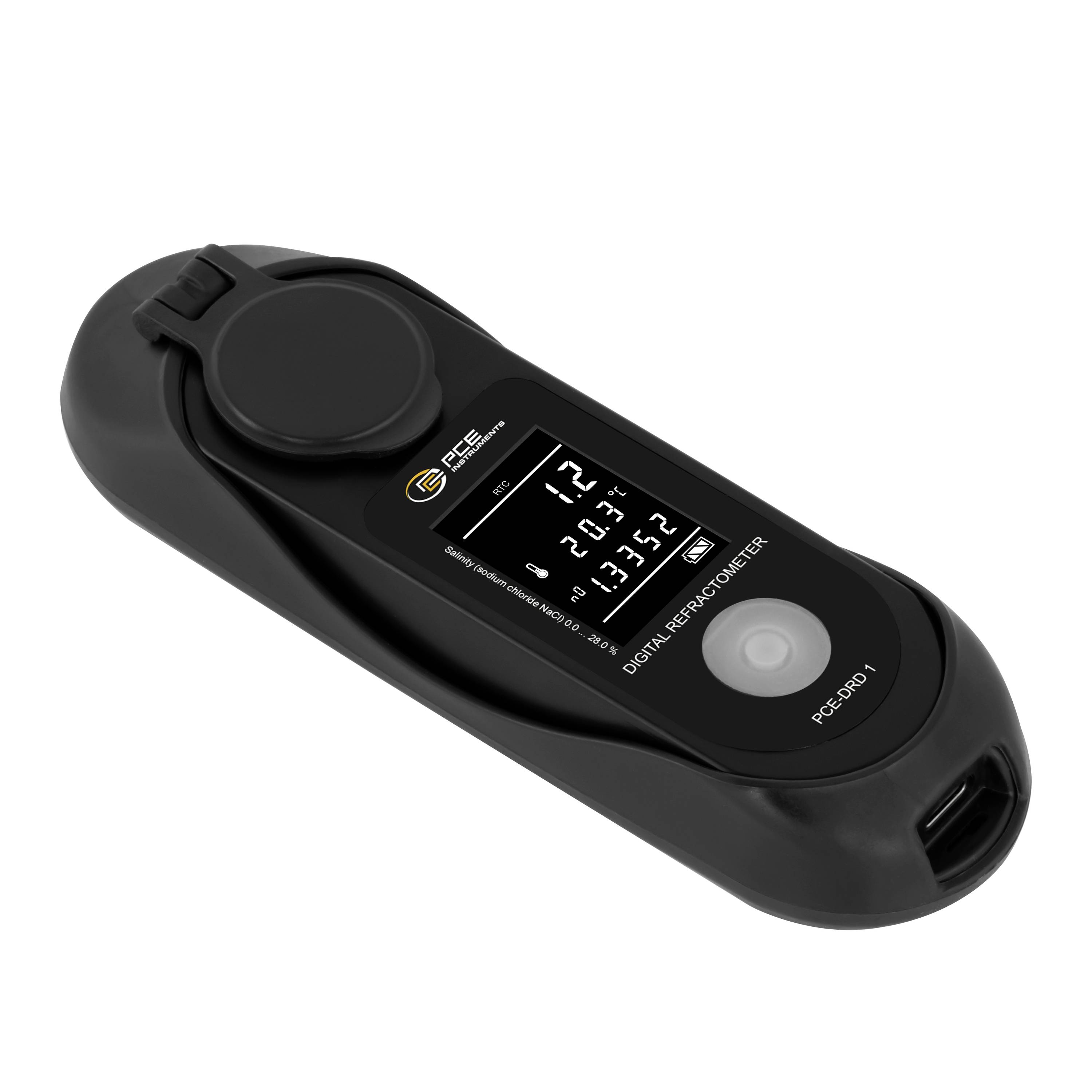 Digitales tragbares Refraktometer in Schwarz mit LCD-Display, das 1.2, 20.7 und 1.3352 anzeigt