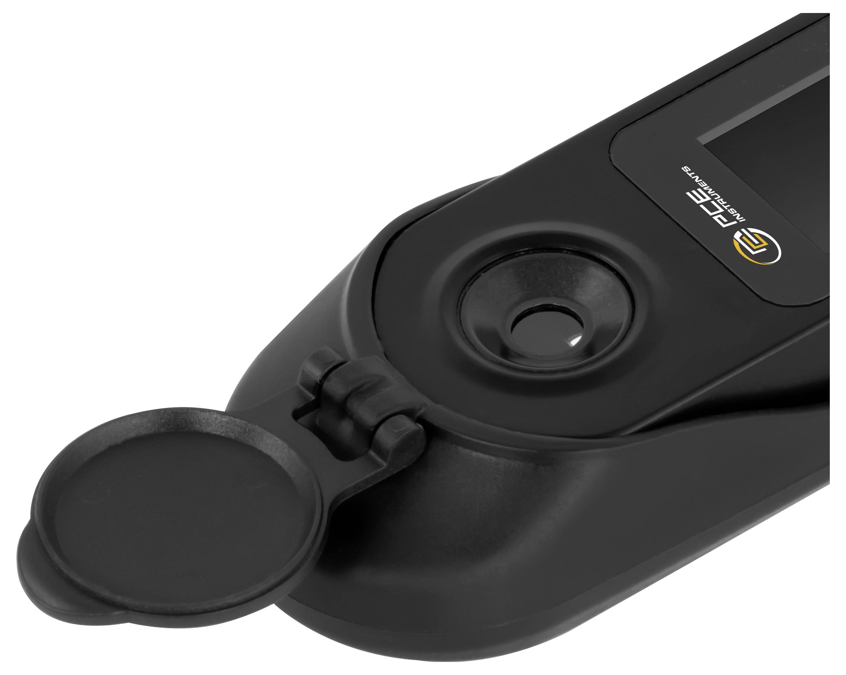 Nahaufnahme eines schwarzen elektronischen Geräts mit einer aufklappbaren Schutzkappe über einem runden Sensor oder Knopf, auf dem oberen Bedienfeld mit der Marke „ELITE
