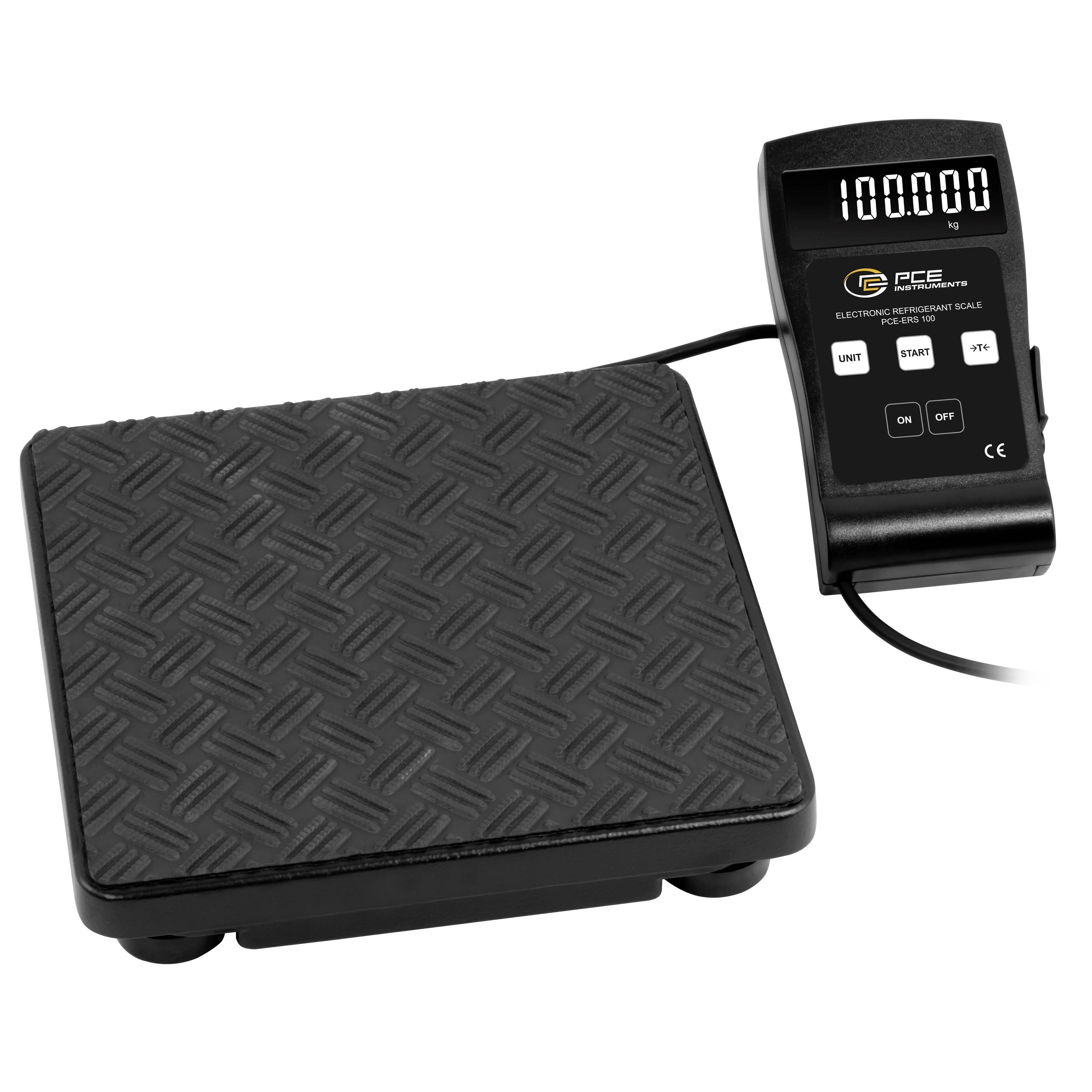 Elektronische schwarze Plattformwaage mit separatem digitalen Display, das 100,00 anzeigt, eine Fußplattform, die durch ein Kabel verbunden ist.