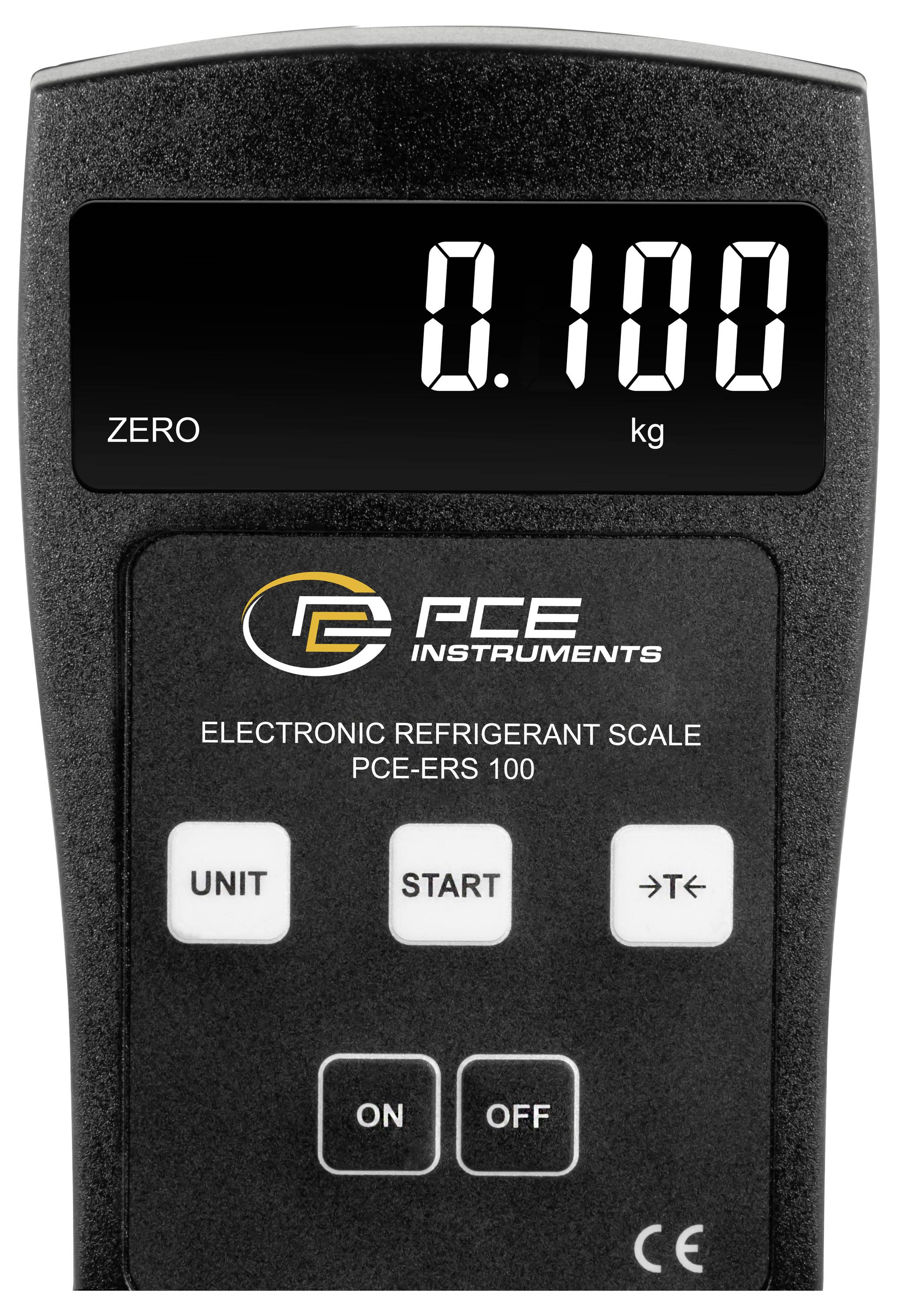 Digitale Kältemittelwaage zeigt 0,100 kg an, mit „PCE Instruments