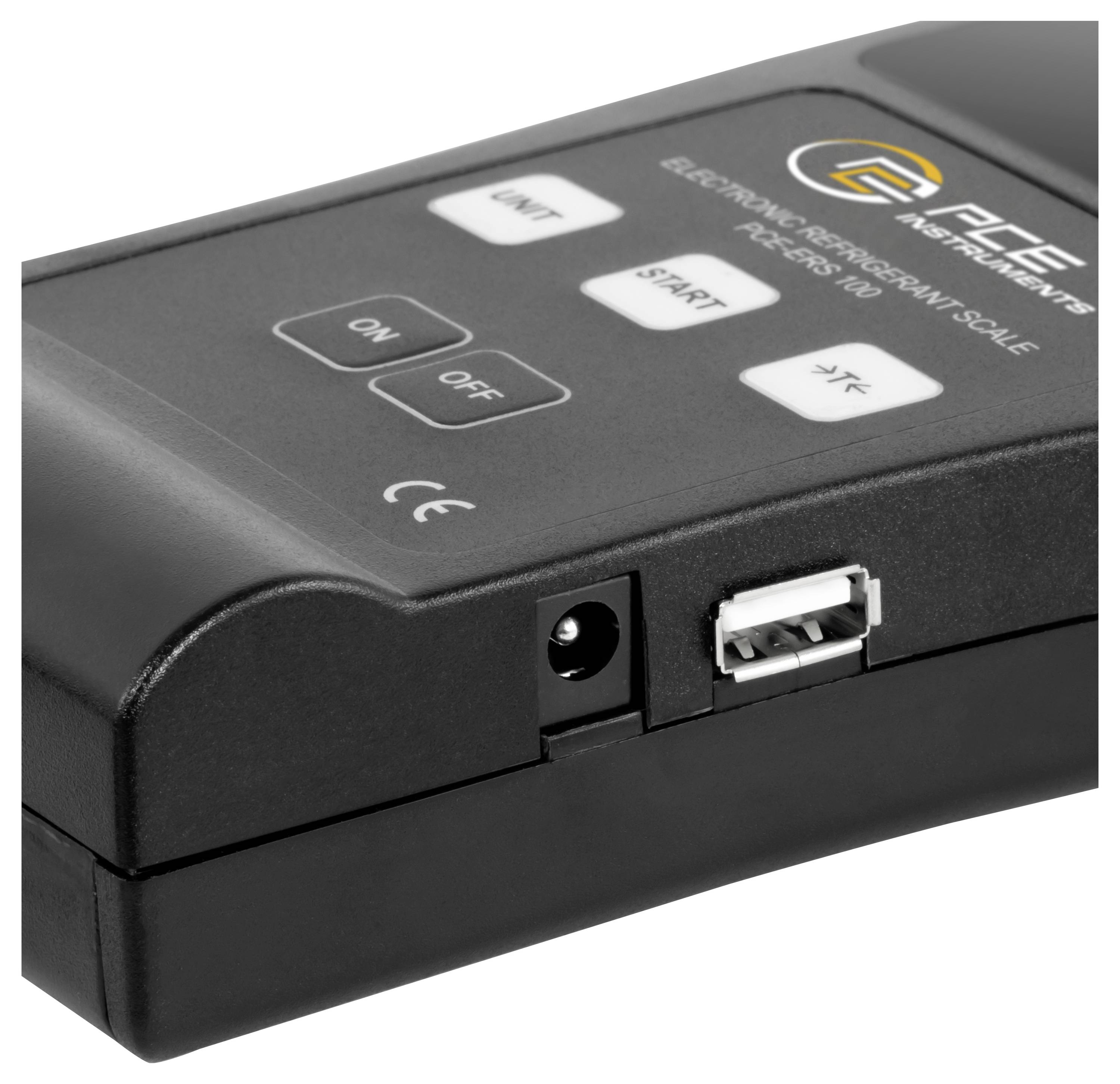 Schwarze tragbare elektronische Waage mit Stromversorgungsgerät, ON/OFF-Taste, Einheits- und Starttaste sowie Strom- und USB-Anschlüssen auf der Seite.