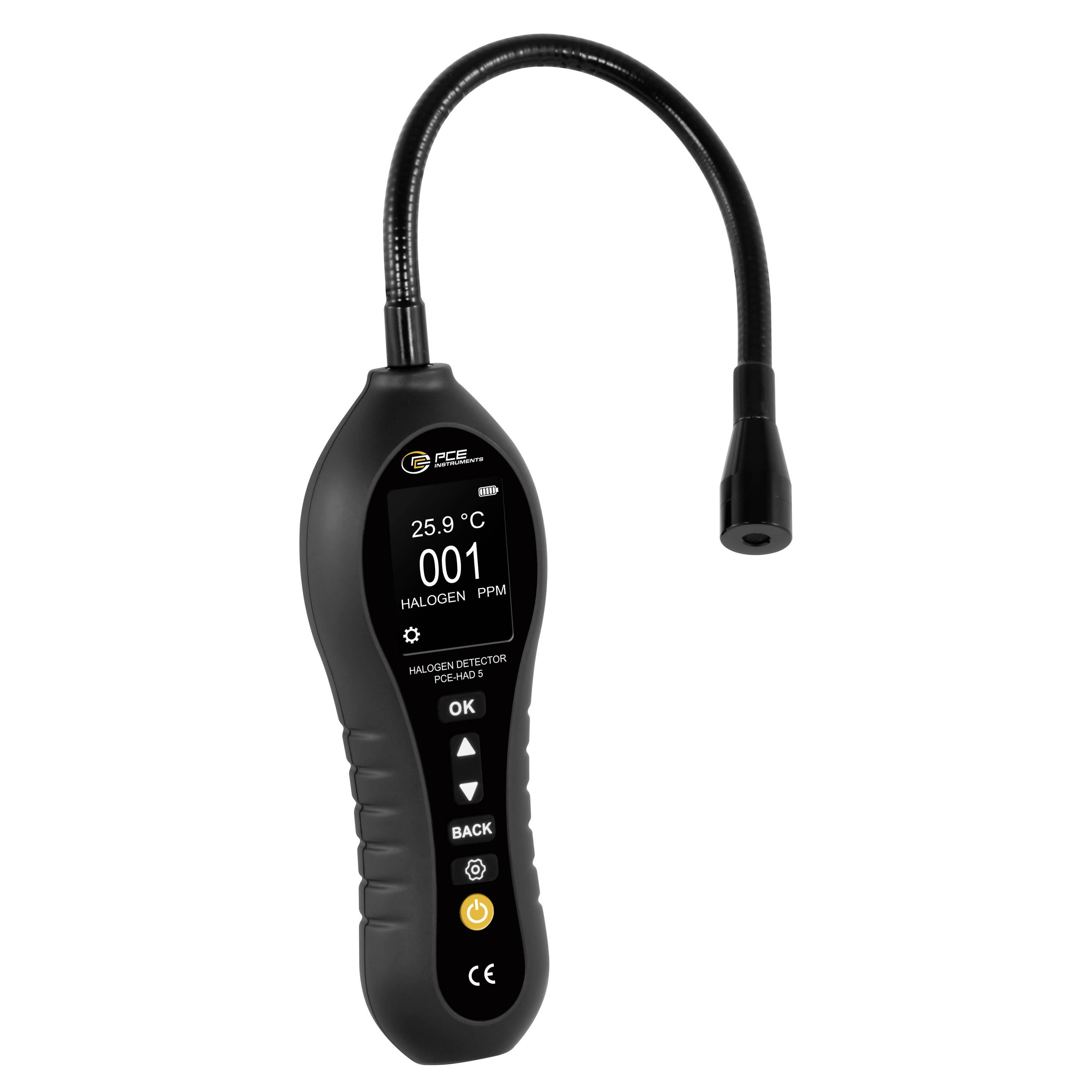 Handheld PCE halogen leak detector with flexible probe, showing a digital display reading 001 ppm and 25.9°C.
