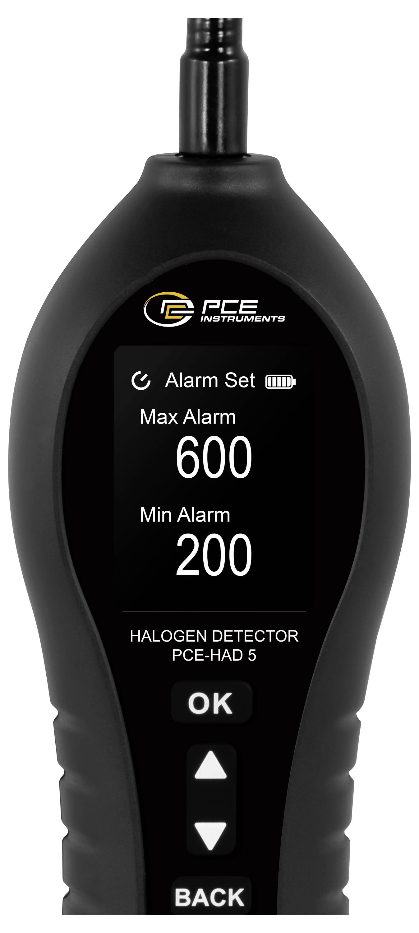Tragbares PCE-Halogenrohrdetektor-Display mit Alarmeinstellungen: Max-Alarm 600 und Min-Alarm 200, mit OK- und Zurück-Schaltflächen.