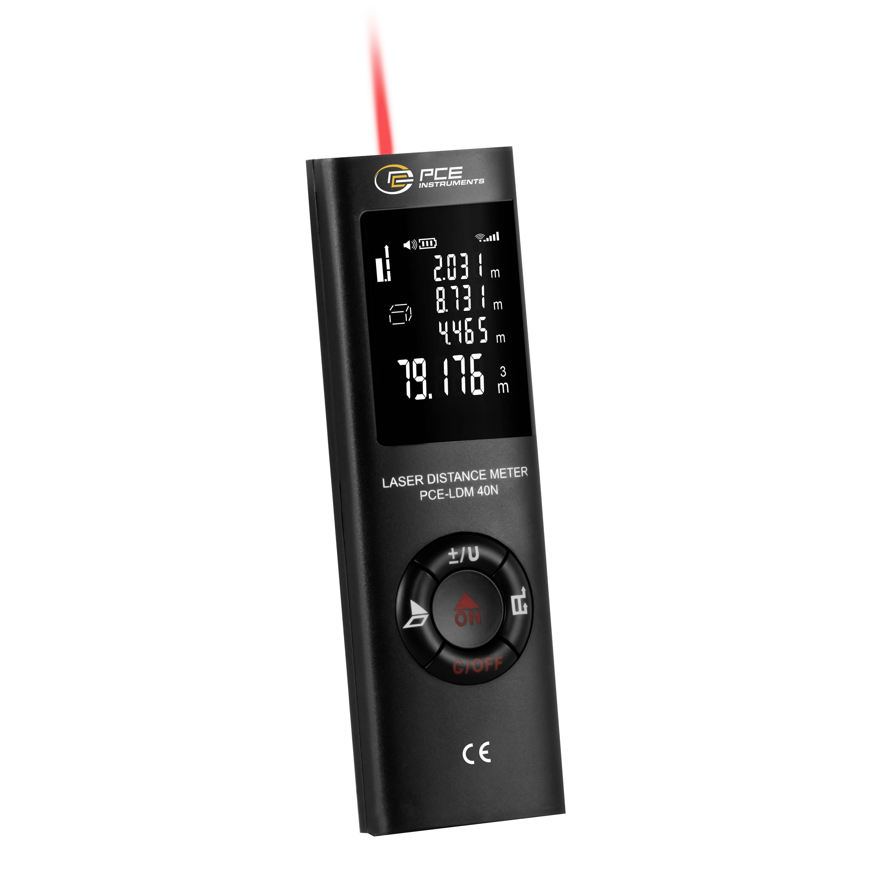 Black handheld laser distance meter with red laser beam and digital display showing distance readings.