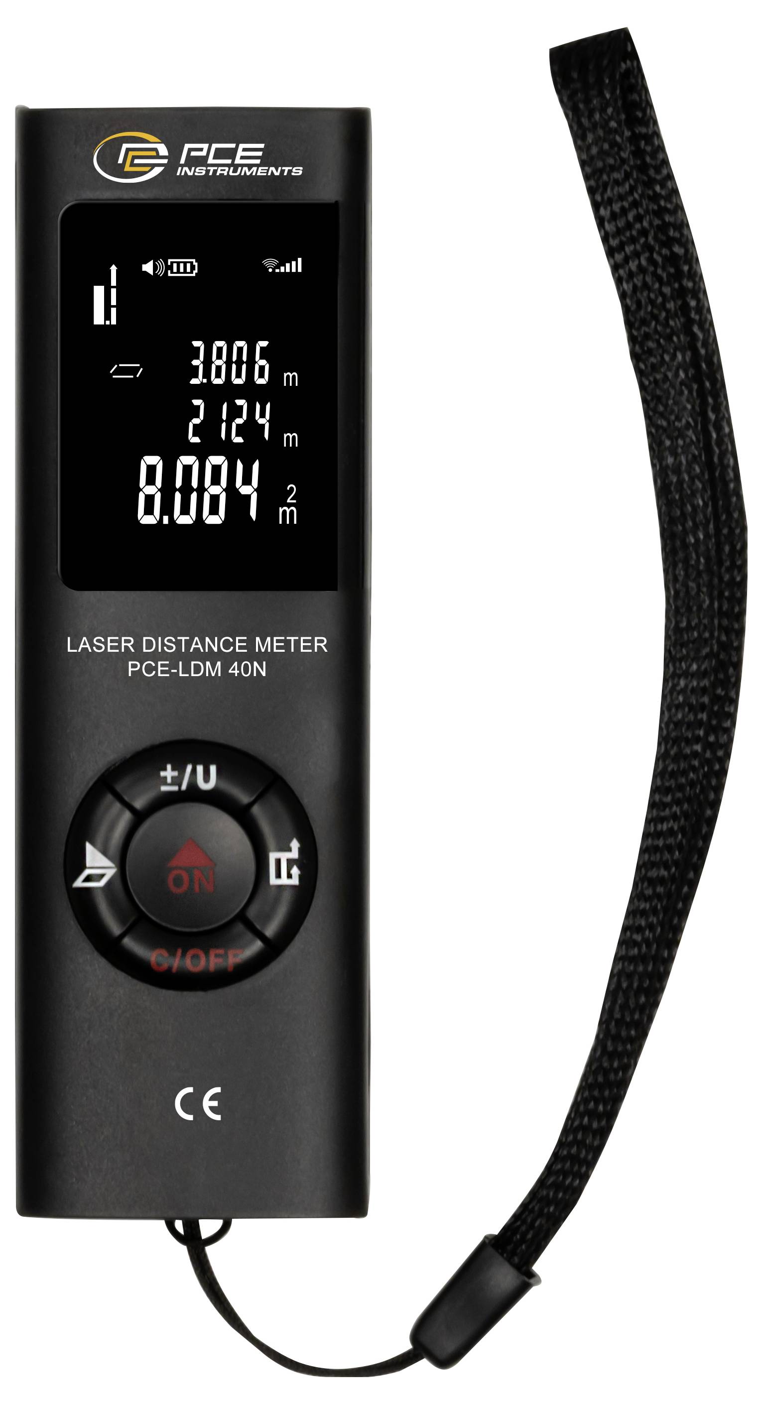 Black PCE laser distance meter with digital display and wrist strap, showing a measurement of 8.084 m.
