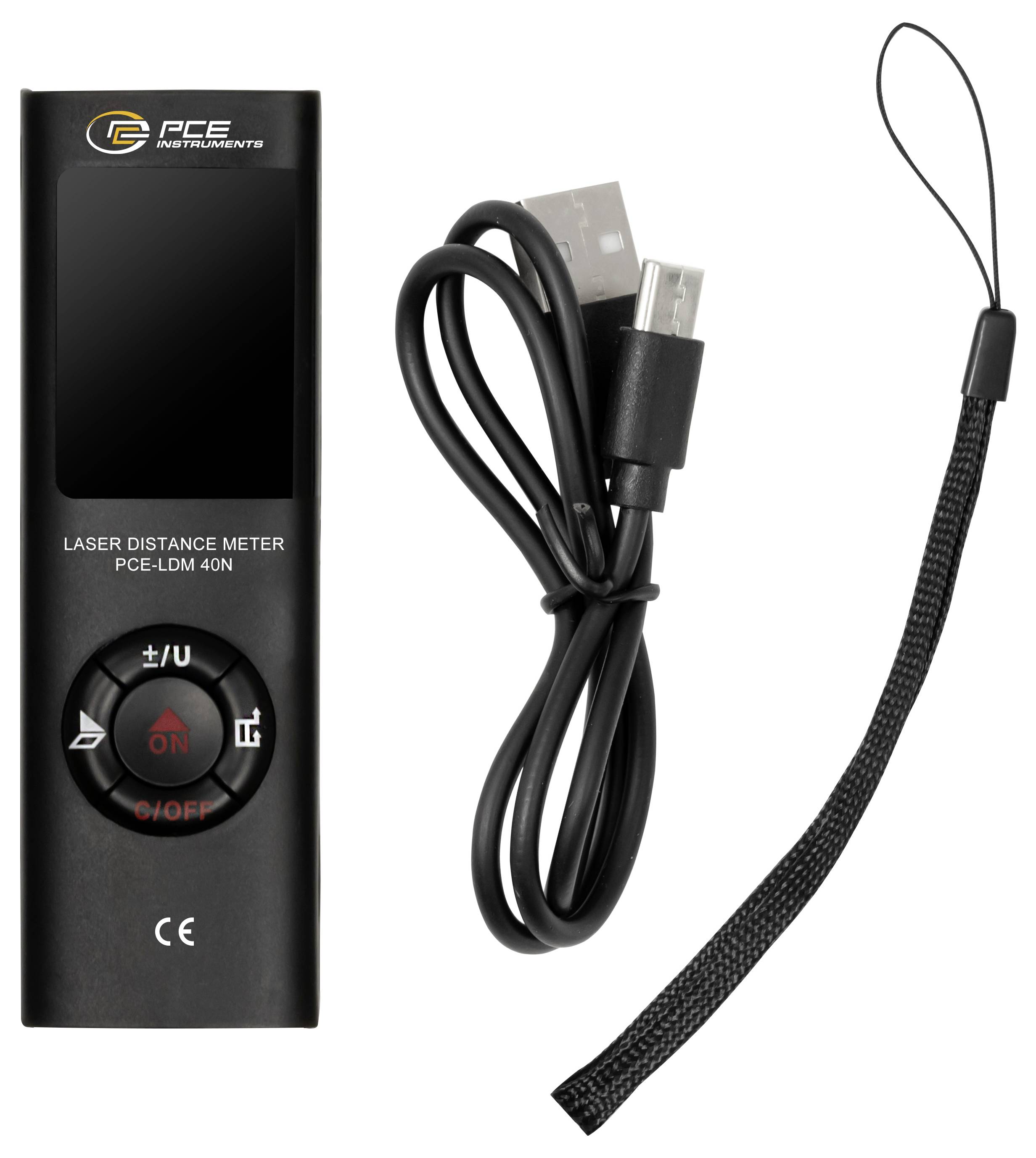 Laser-Entfernungsmesser mit USB-Ladekabel und Handgelenkschlaufe auf weißem Hintergrund.