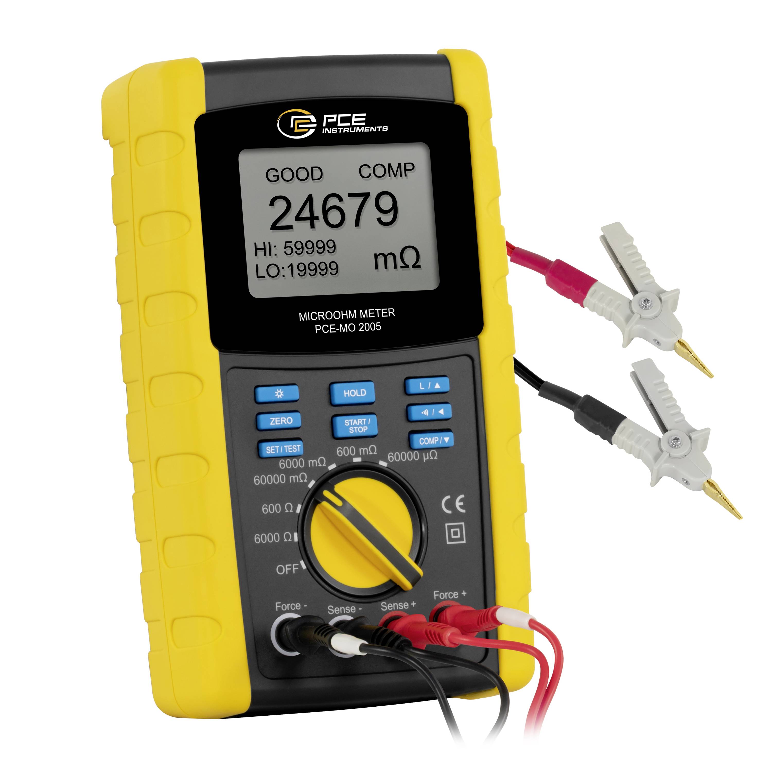 Tragbares PCE-Micro-Ohm-Messgerät mit angebrachten Messzangenklemmen, das eine Widerstandsablesung von 24679 mΩ und den Status „GOOD