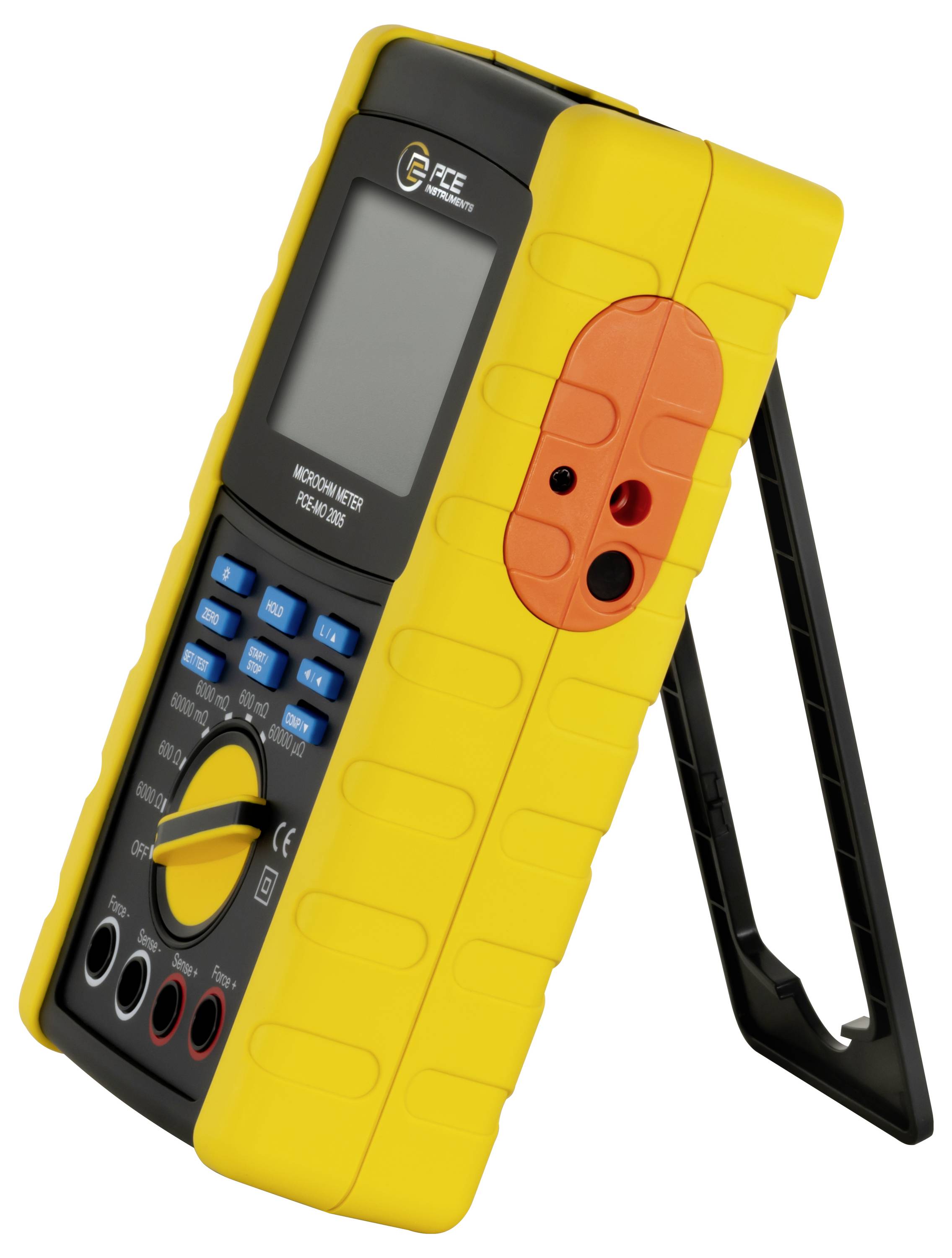 Gelbes tragbares digitales Multimeter mit Bildschirm, Tastatur, Testanschlüssen und einem schwarzen Ständer, dargestellt auf weißem Hintergrund.