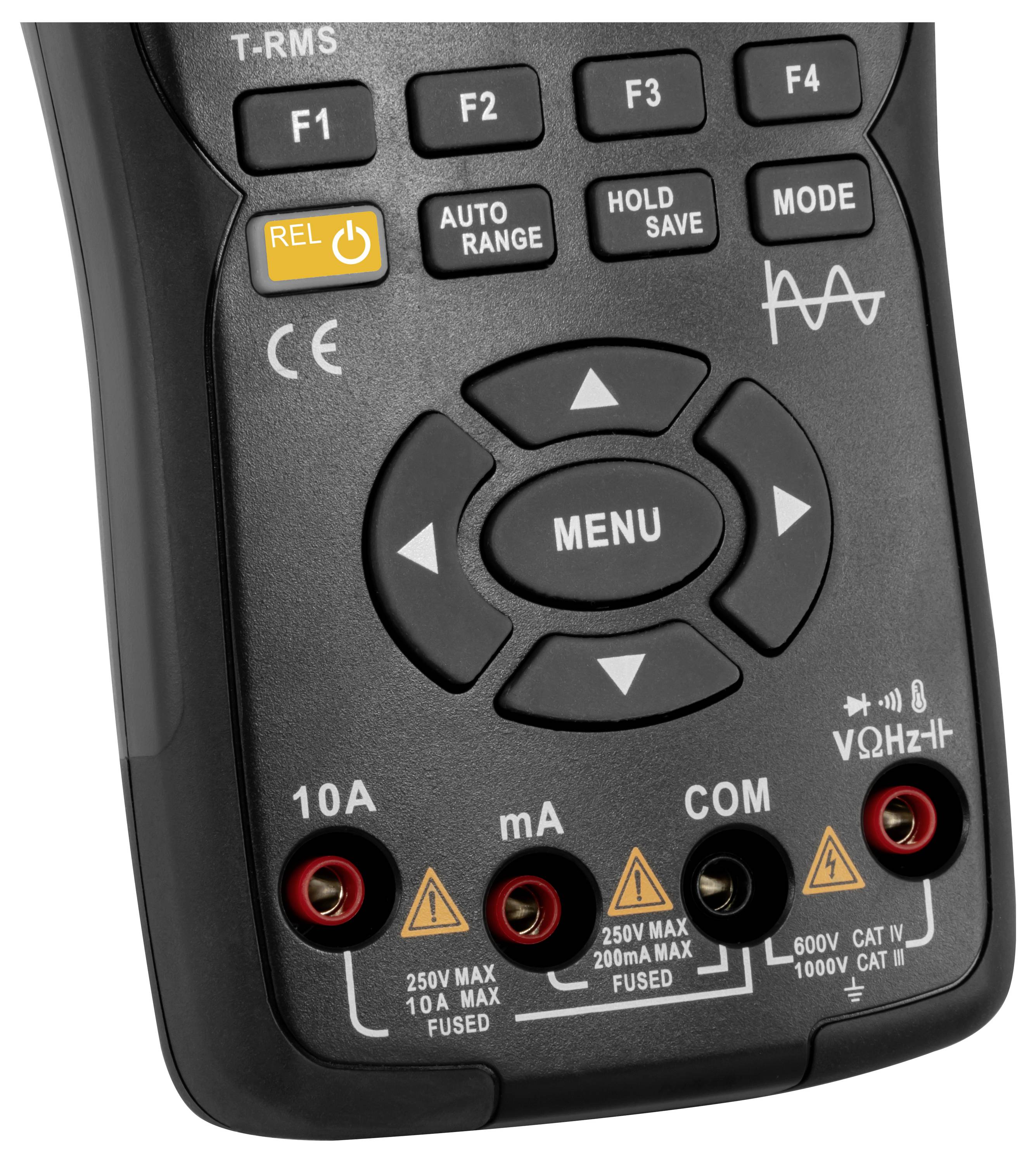Nahaufnahme eines digitalen Multimeter-Bedienfelds mit Funktionstasten, einem zentralen Menüpad und Eingangsbuchsen mit den Bezeichnungen 10A, mA und COM.