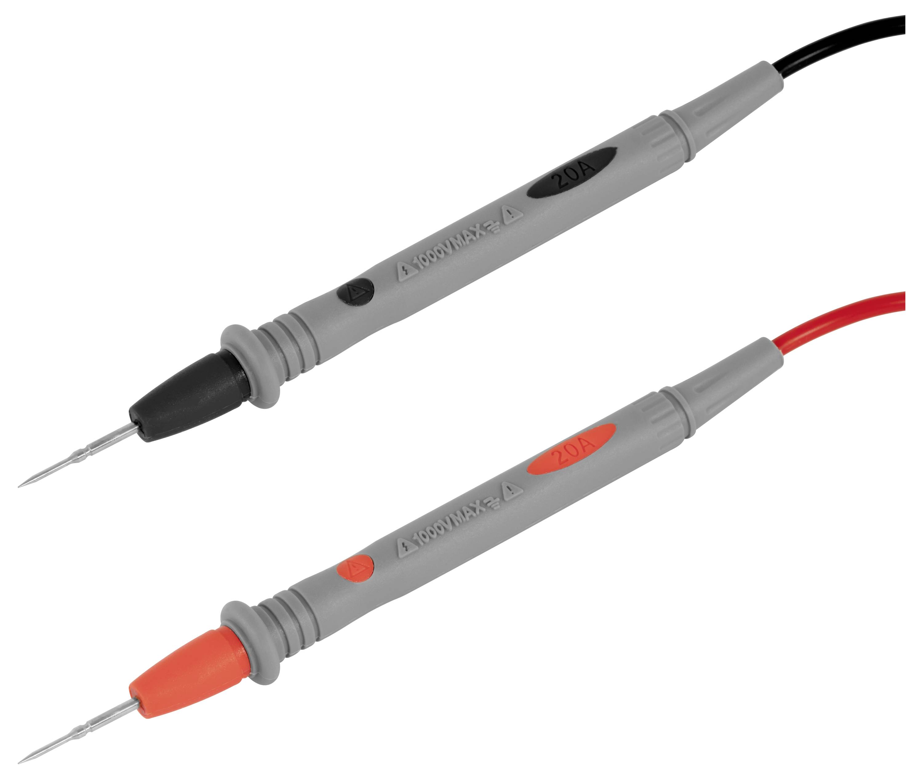 Zwei isolierte Messfühler mit scharfen Metallspitzen, einer grau mit schwarzen Akzenten und einer grau mit orangefarbenen Akzenten, auf weißem Hintergrund dargestellt.