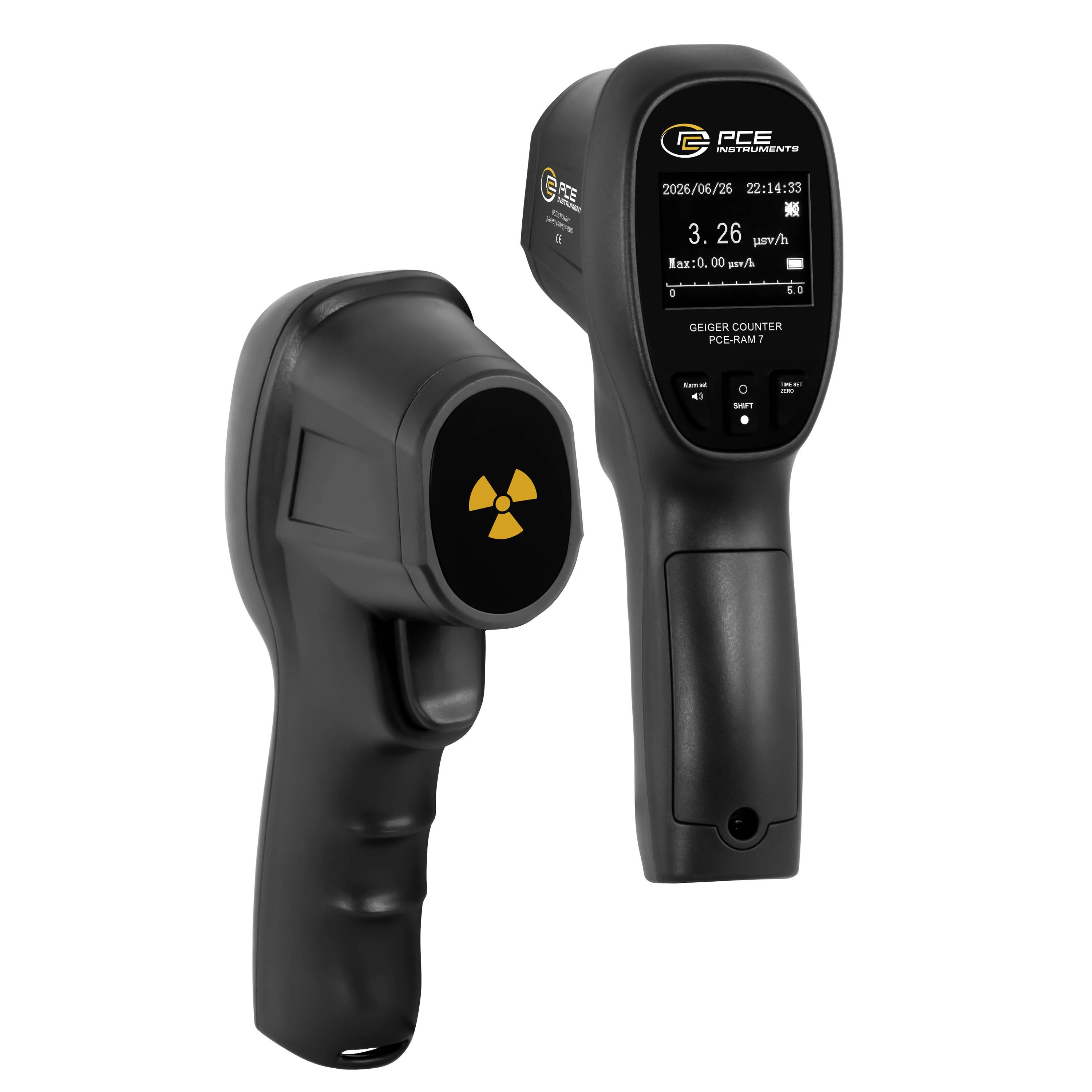 Zwei schwarze tragbare Geigerzähler, einer mit einem Strahlungssymbol und der andere mit einer digitalen Anzeige, die 3,26 µSv/h anzeigt.