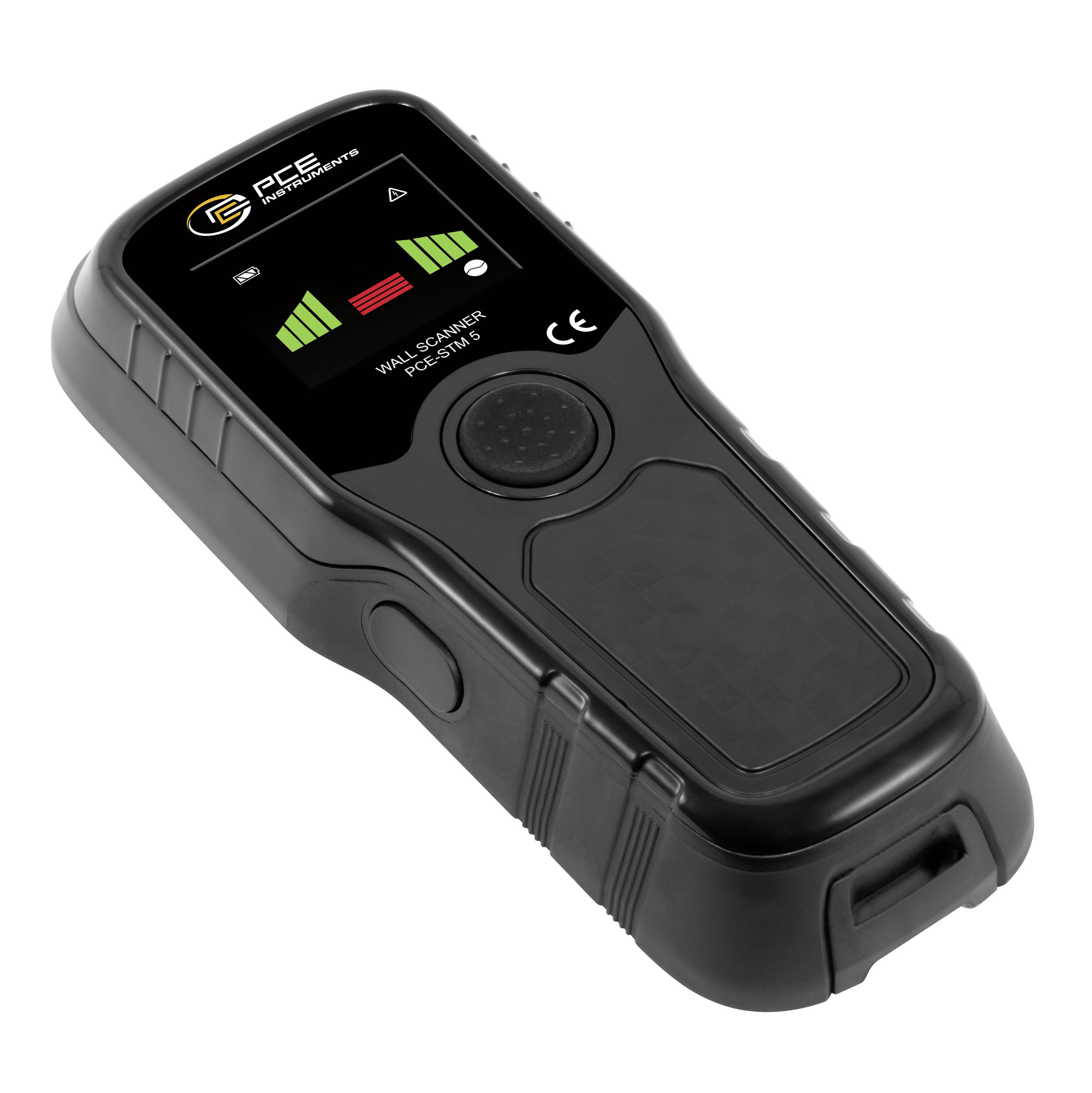 Tragbares schwarzes Wandscanner-Gerät mit Display, Signalbalken und kreisförmigem Sensorpad, auf weißem Hintergrund abgebildet.