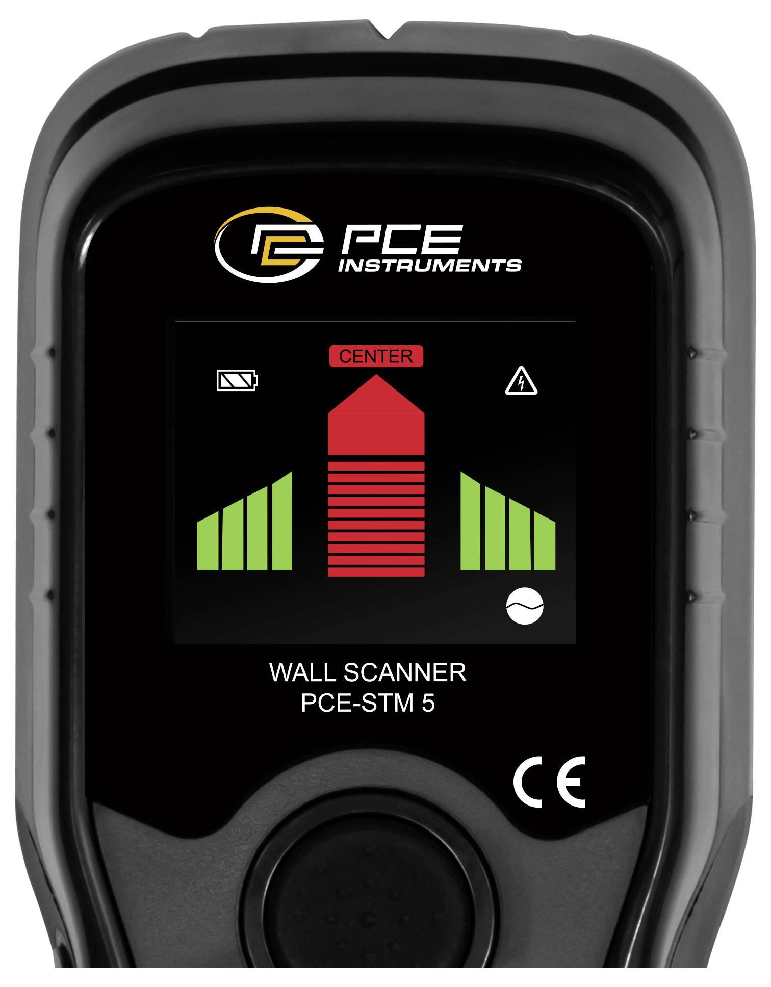 Tragbares PCE-Gerät Wandscanner-Display zeigt zentriertes Zielsignal mit roten und grünen Balkenanzeigenindikatoren.