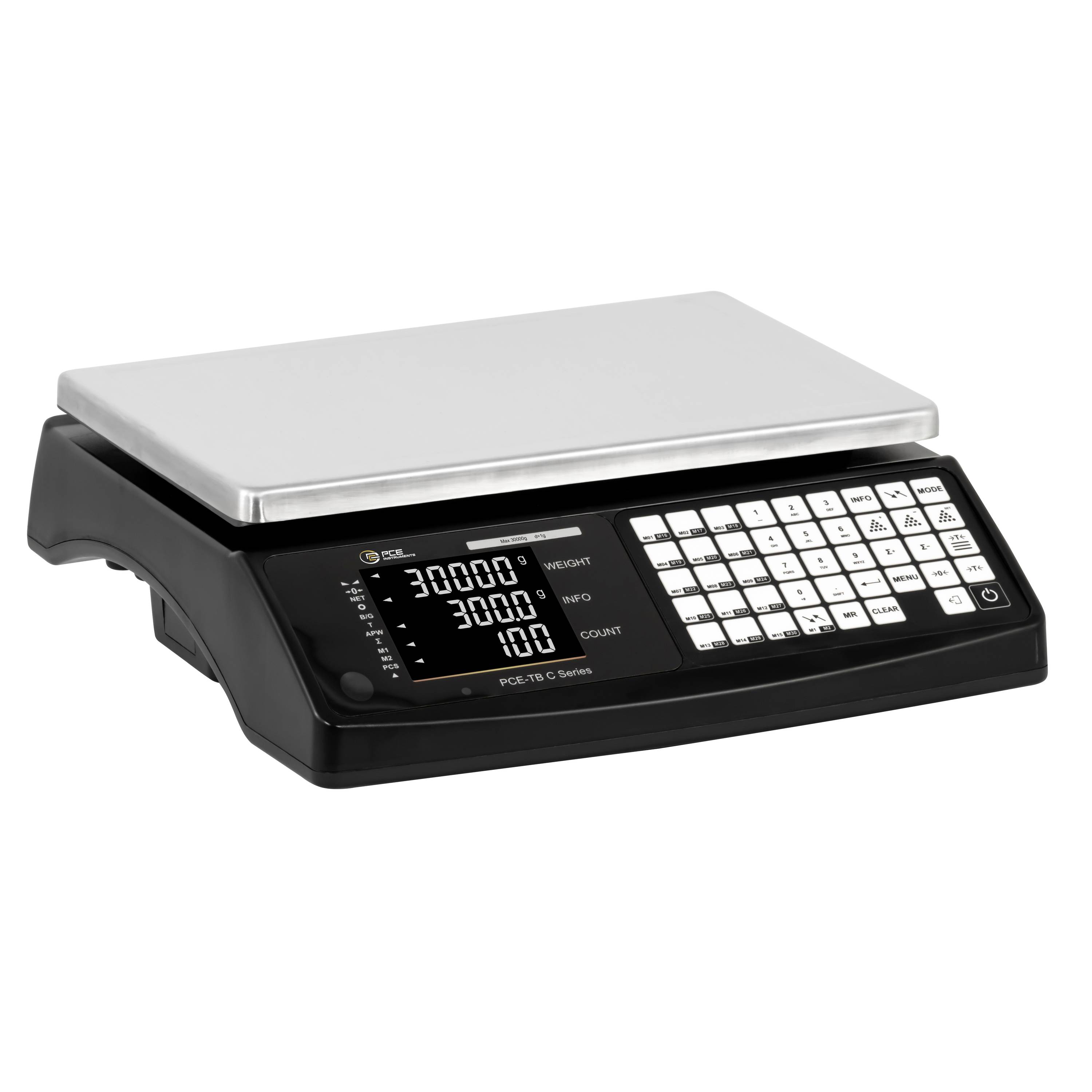Digitale Bankwaage mit Edelstahlplattform, beleuchtetem Display und Tastatur zum Wiegen von Gegenständen.