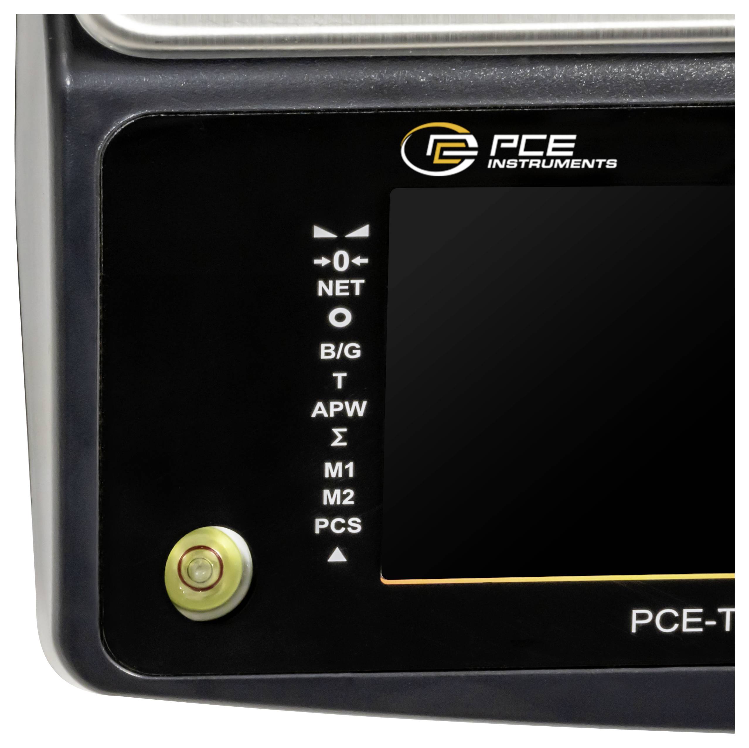 Nahaufnahme einer PCE Instruments-Geräteanzeige mit leerem Bildschirm und Moduskennzeichnungen: NET, B/G, T, APW, M1, M2, PCS.