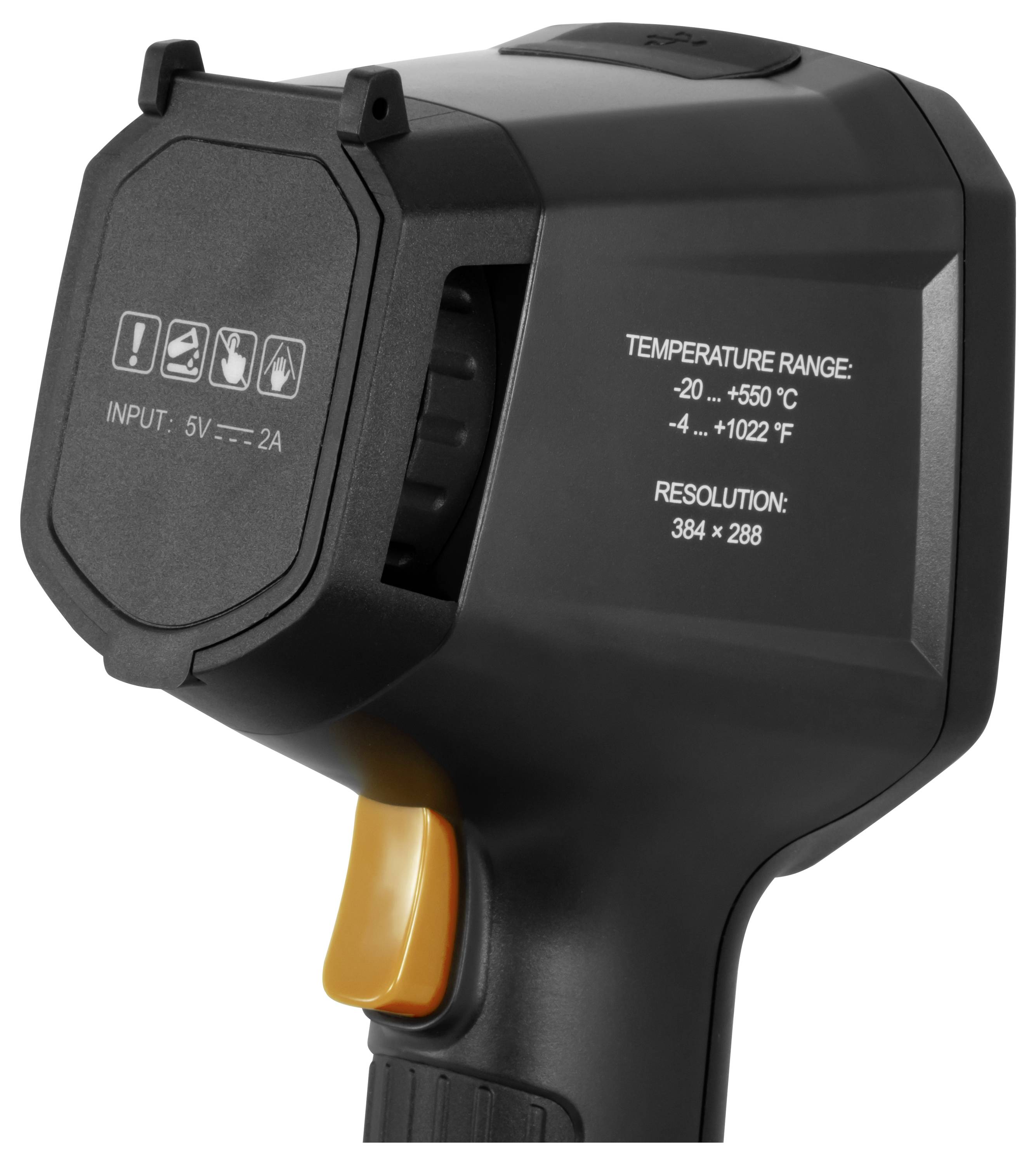 Tragbares Infrarot-Thermometer-Pistole mit schützender Linsenkappe und orangefarbenem Abzug, zeigt Temperaturbereich und Auflösungsspezifikationen auf der Seite.