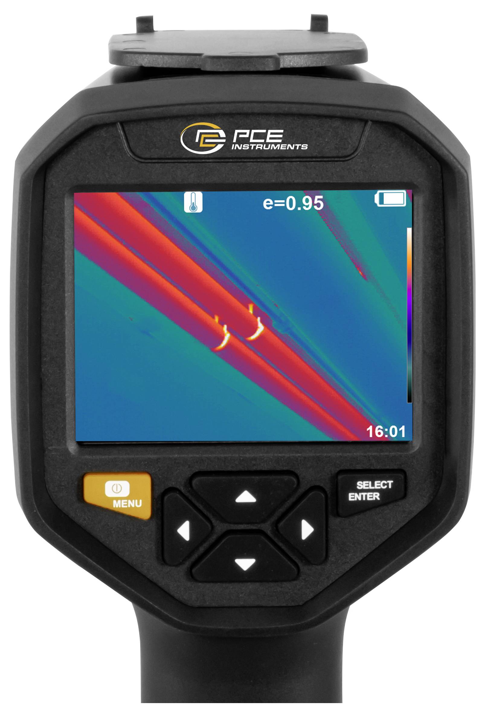 PCE Instruments tragbare Wärmekamera zeigt eine Wärmekarte eines heißen Objekts an, mit Emissivität eingestellt auf 0,95 und Uhrzeit 16:01 auf dem Bildschirm angezeigt.