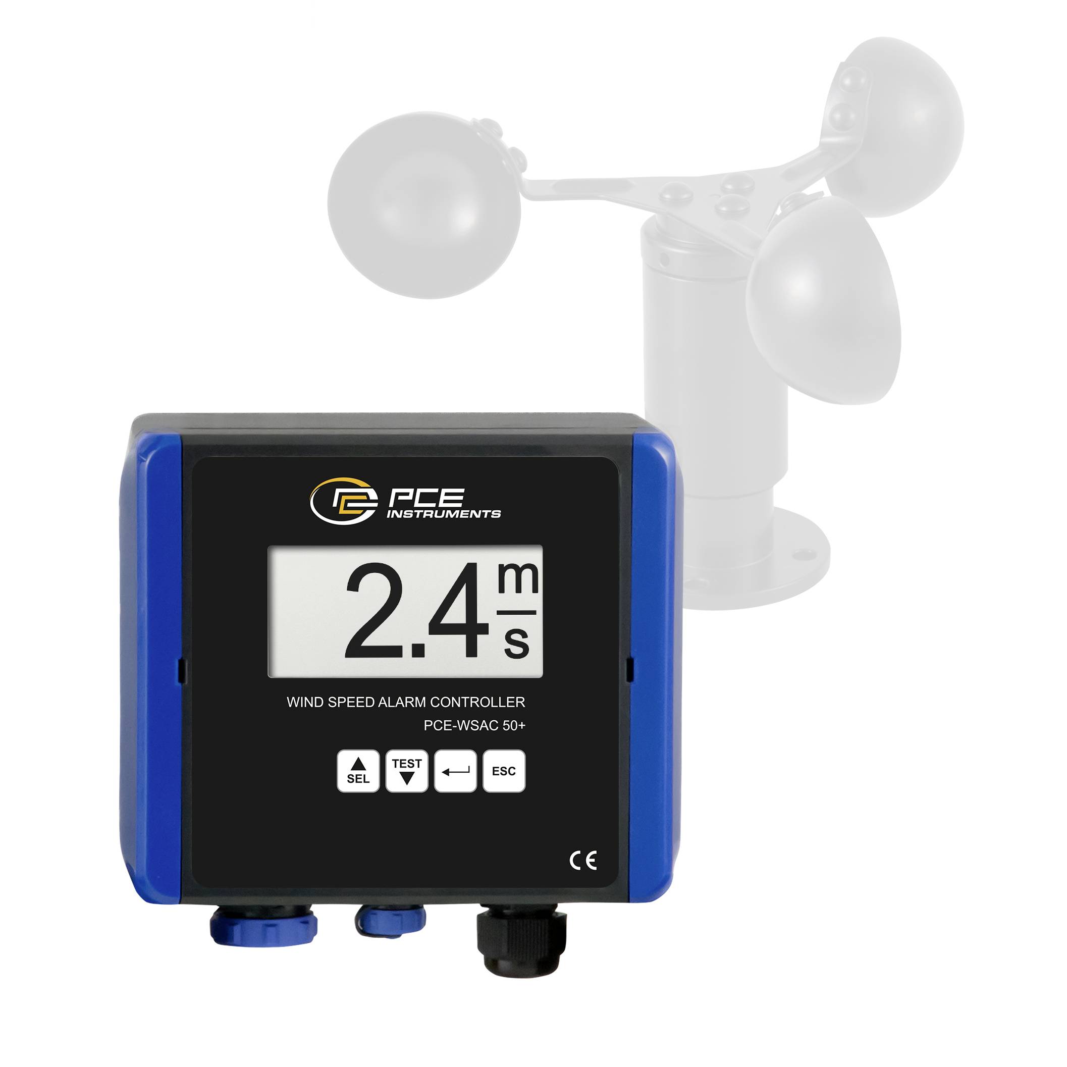 PCE Instruments Windgeschwindigkeits-Alarmregler zeigt 2,4 m/s an, mit einem verblassten Anemometer im Hintergrund.