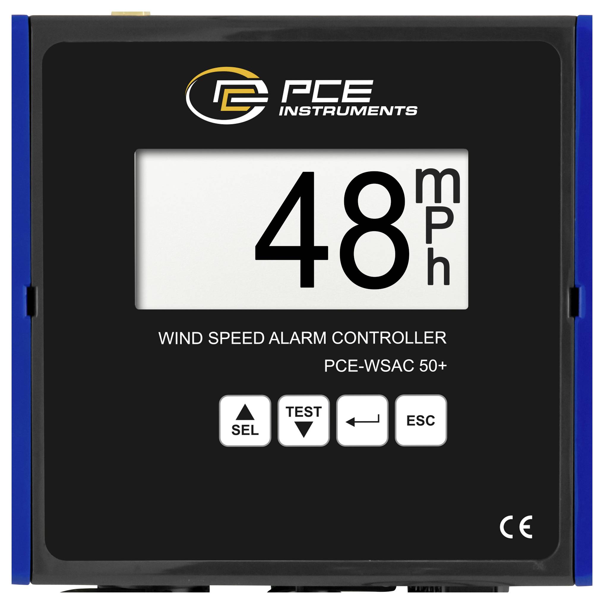 PCE-Windgeschwindigkeitsalarm-Reglerdisplay zeigt 48 mph an, darunter befinden sich die Tasten SEL, TEST, ZURÜCK und ESC.