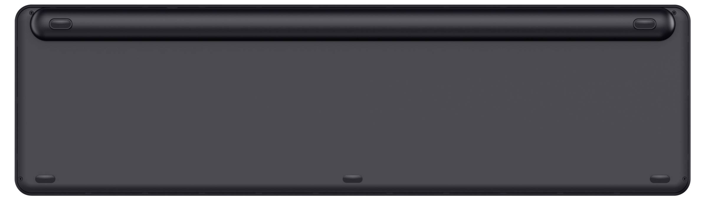 Die Rückseite einer schwarzen, rechteckigen Tastatur mit abnehmbaren Kabelanschluss oben.