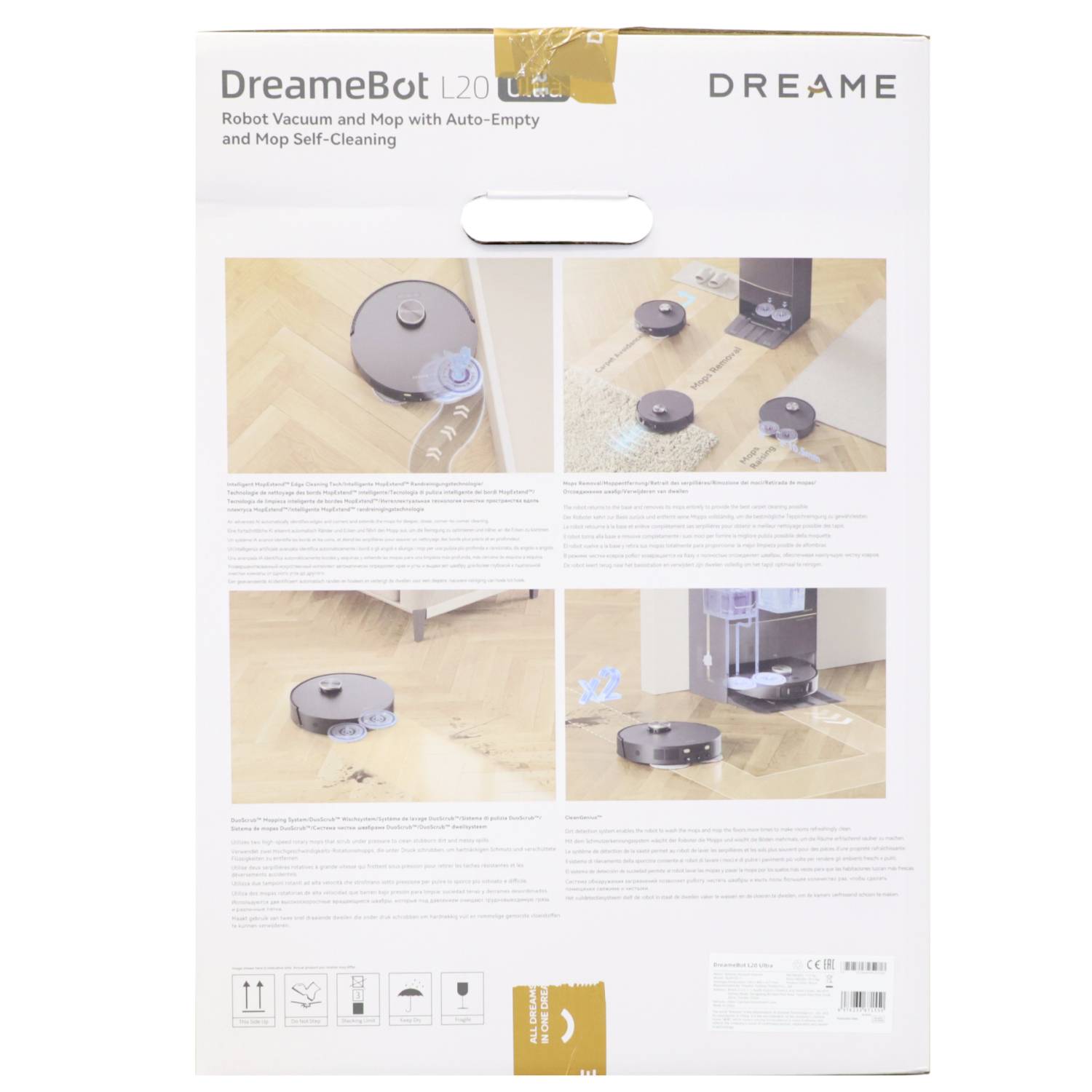 Verpackungsrückseite eines Saugroboters mit Bildern und Text, der Funktionen wie automatische Entleerung und Wischreinigung des Geräts darstellt.