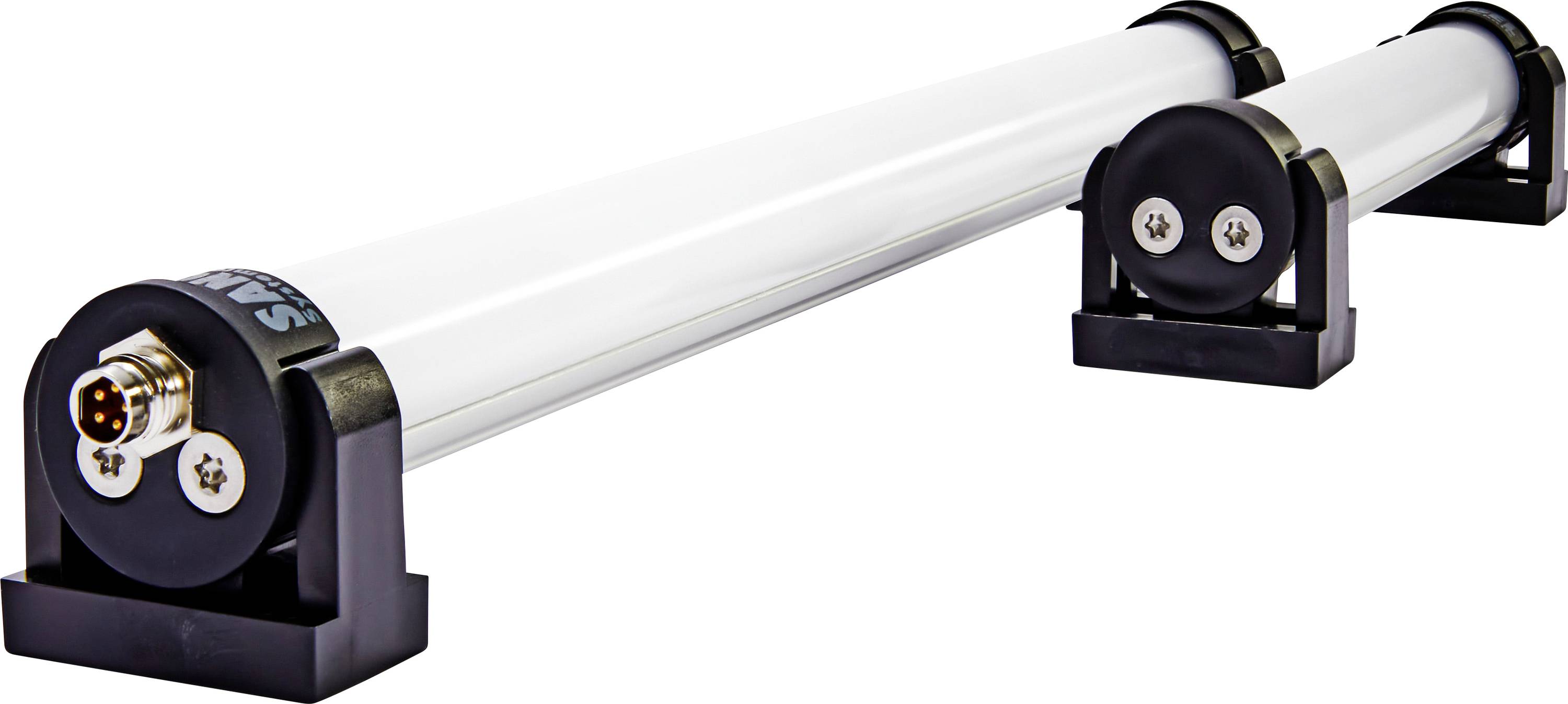 Zwei weiße LED-Lichtleisten nebeneinander auf schwarzen Halterungen, mit runden Anschlüssen an den Enden.