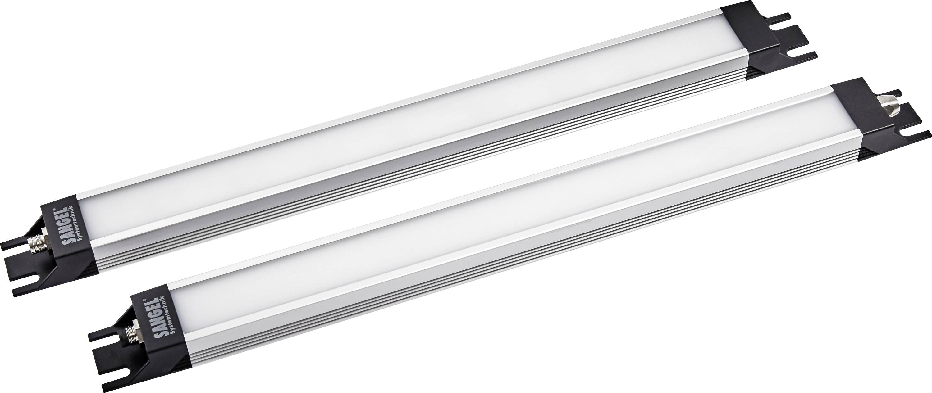 Zwei lange, schmale LED-Lichtleisten mit schwarzem Anschluss an den Enden, nebeneinander liegend. Ideal für gleichmäßige Beleuchtung.