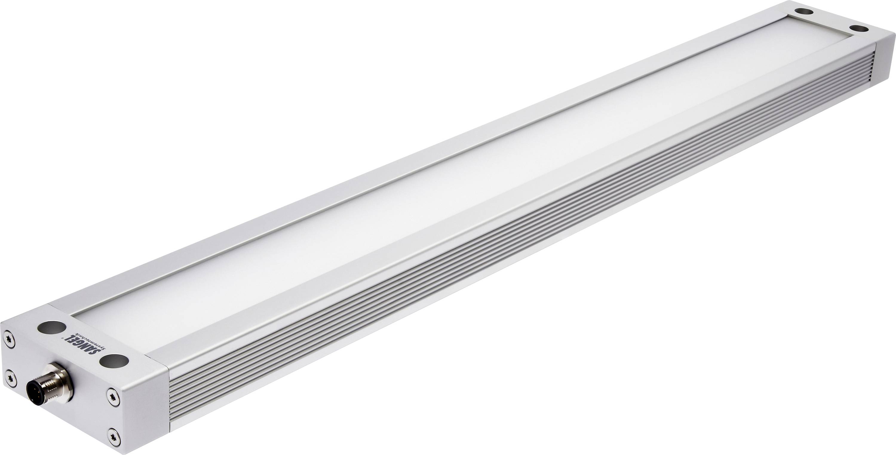 Eine schmale, rechteckige LED-Leuchte mit Aluminiumrahmen und Anschlussstecker an einer Seite. Ideal für industrielle Beleuchtung.
