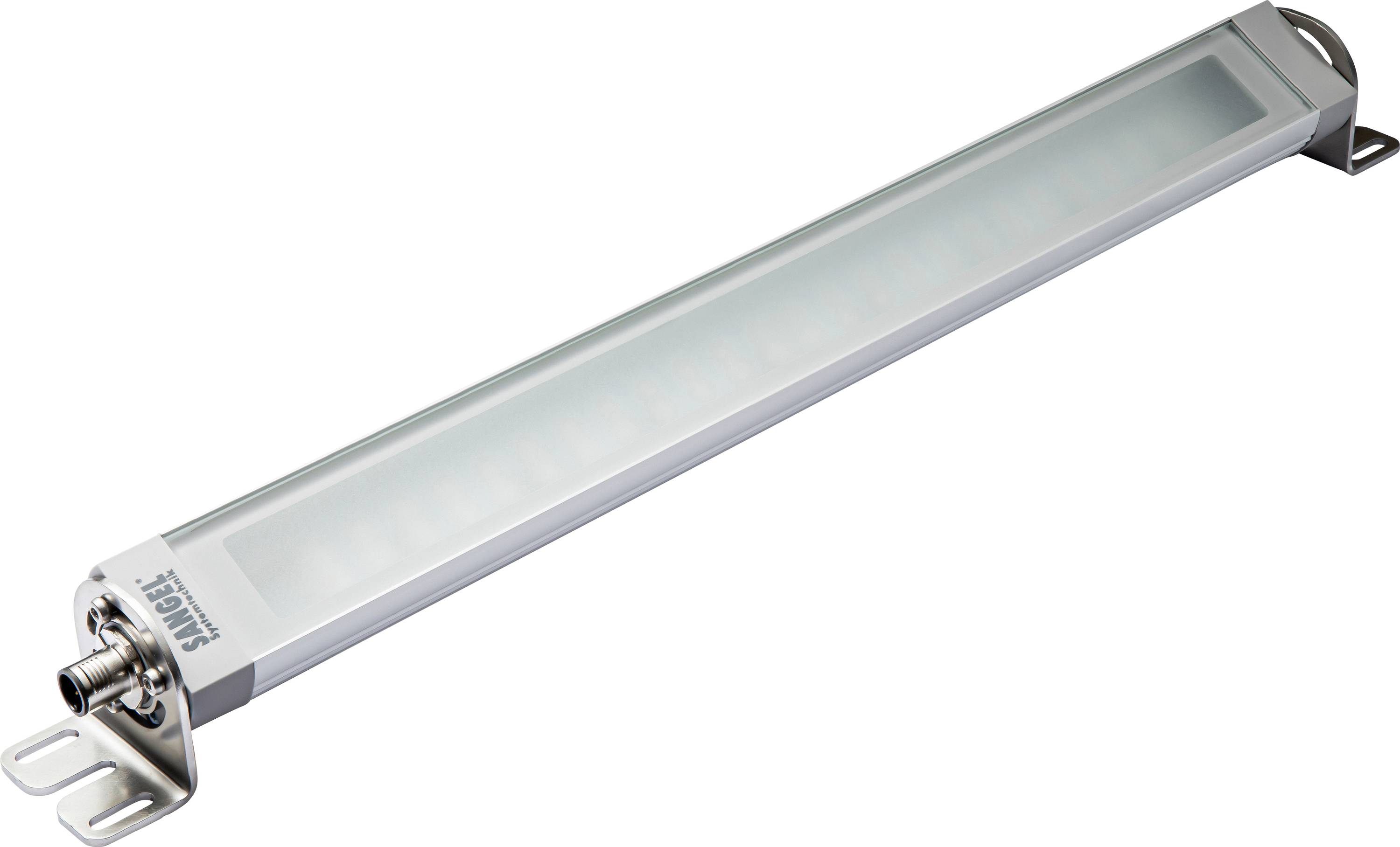 Langes rechteckiges LED-Licht mit Metallhalterungen an beiden Enden, geeignet für industrielle Anwendungen oder Maschinenbeleuchtung.