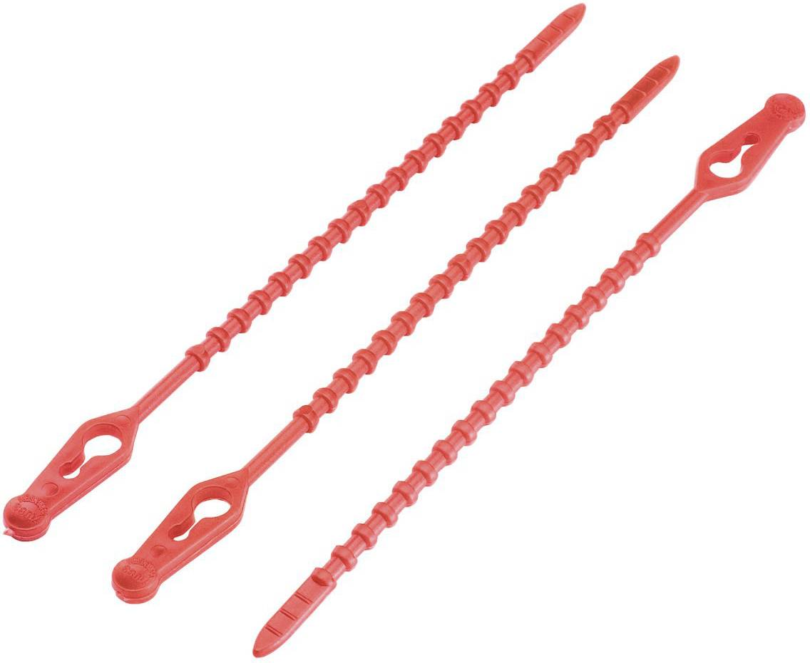 Drei rote, flexible Kabelbinder mit unterschiedlichen Längen und breiten Befestigungsköpfen, auf weißem Hintergrund abgebildet.