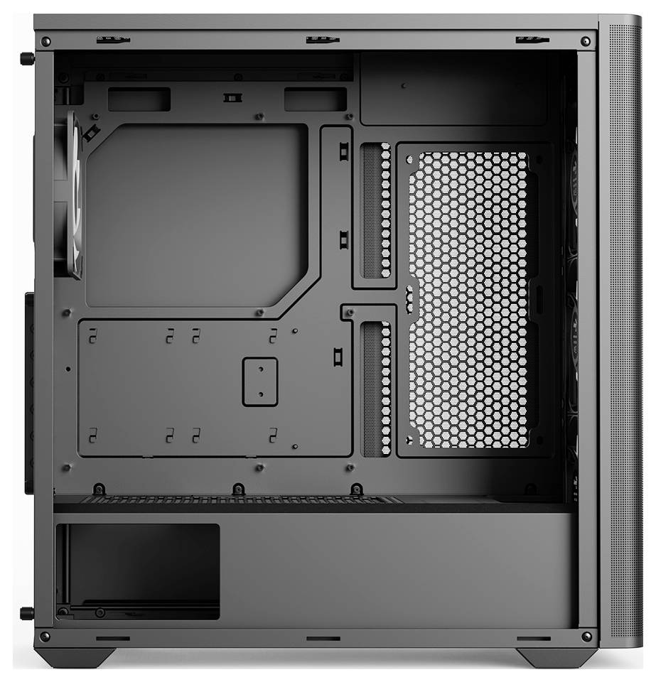 Leeres schwarzes Computergehäuse mit seitlichem Blick auf das Innenleben. Sichtbar sind das Mainboardfach, Lüfterplätze und Kabeldurchführungen.