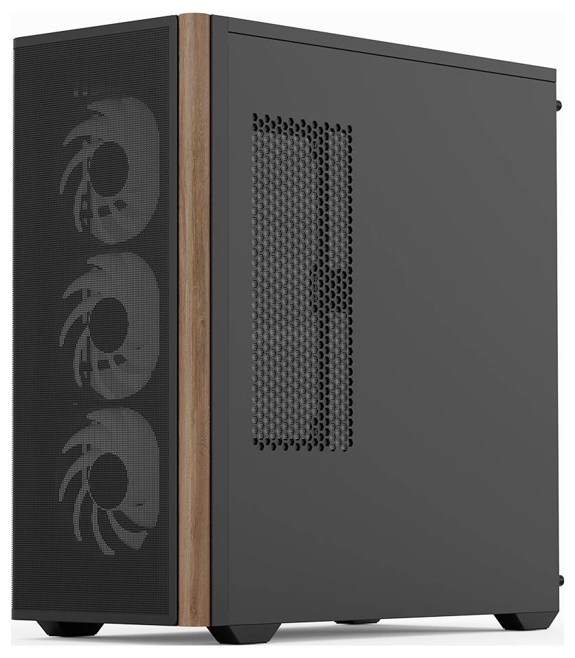 Schwarzes Computergehäuse mit Holzleiste an der Vorderseite, Belüftungsgitter und drei sichtbaren Lüftern an der Vorderseite.