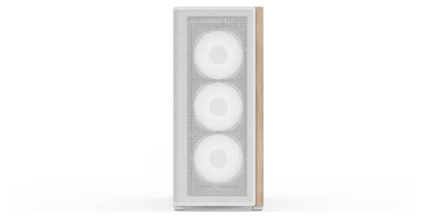 Ein weißes elektronisches Gerät mit einer Holzseite, das eine Meshfront mit drei gleichmäßig angeordneten kreisförmigen Komponenten aufweist.