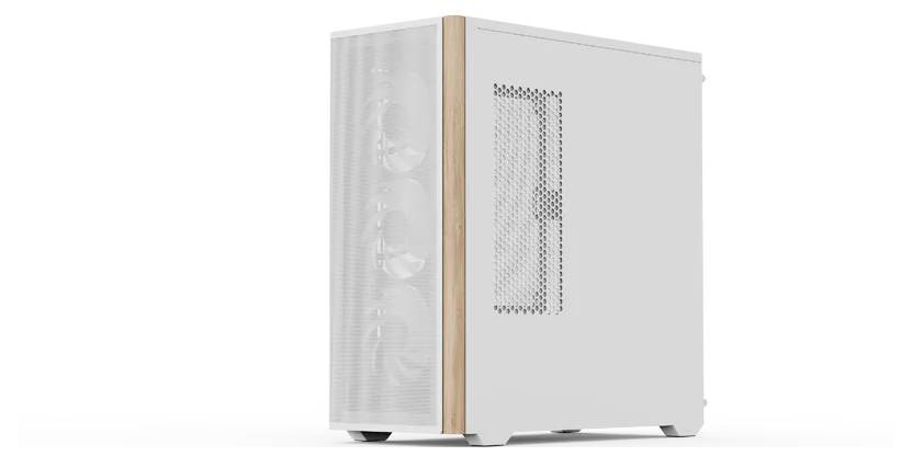 Ein weißer Computertower mit Frontblende aus Gitter und Seitenfenster, ausgestattet mit Kühlventilatoren im Inneren. Er verfügt über einen Holzakzent an der vorderen Kante.