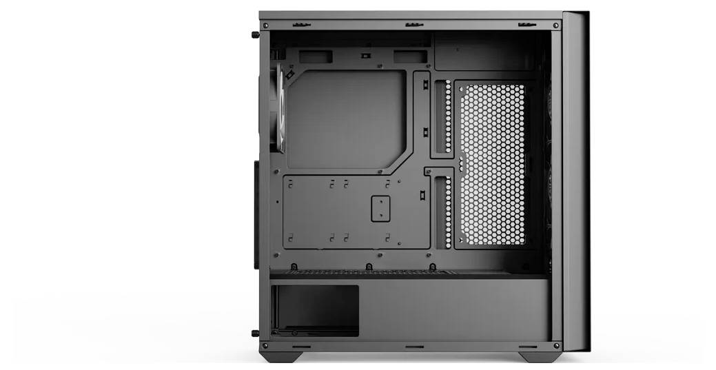 Ein schwarzes Computergehäuse mit einer transparenten Seitenscheibe, die die innere Anordnung der Komponenten zeigt, einschließlich Platz für Motherboard und Kühlung.
